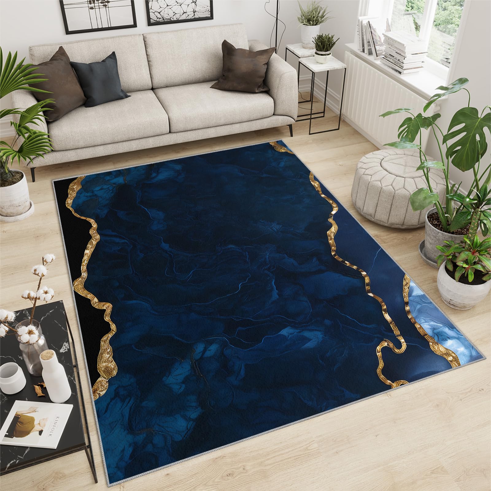 QDJKBL Washable Rug 150 X 200 Cm Navy Blue Abstract Marble, Golden Yellow Curved Crack Stripes Lounge Rug, Non-Slip Mat With Backing for Home Decor — image 1