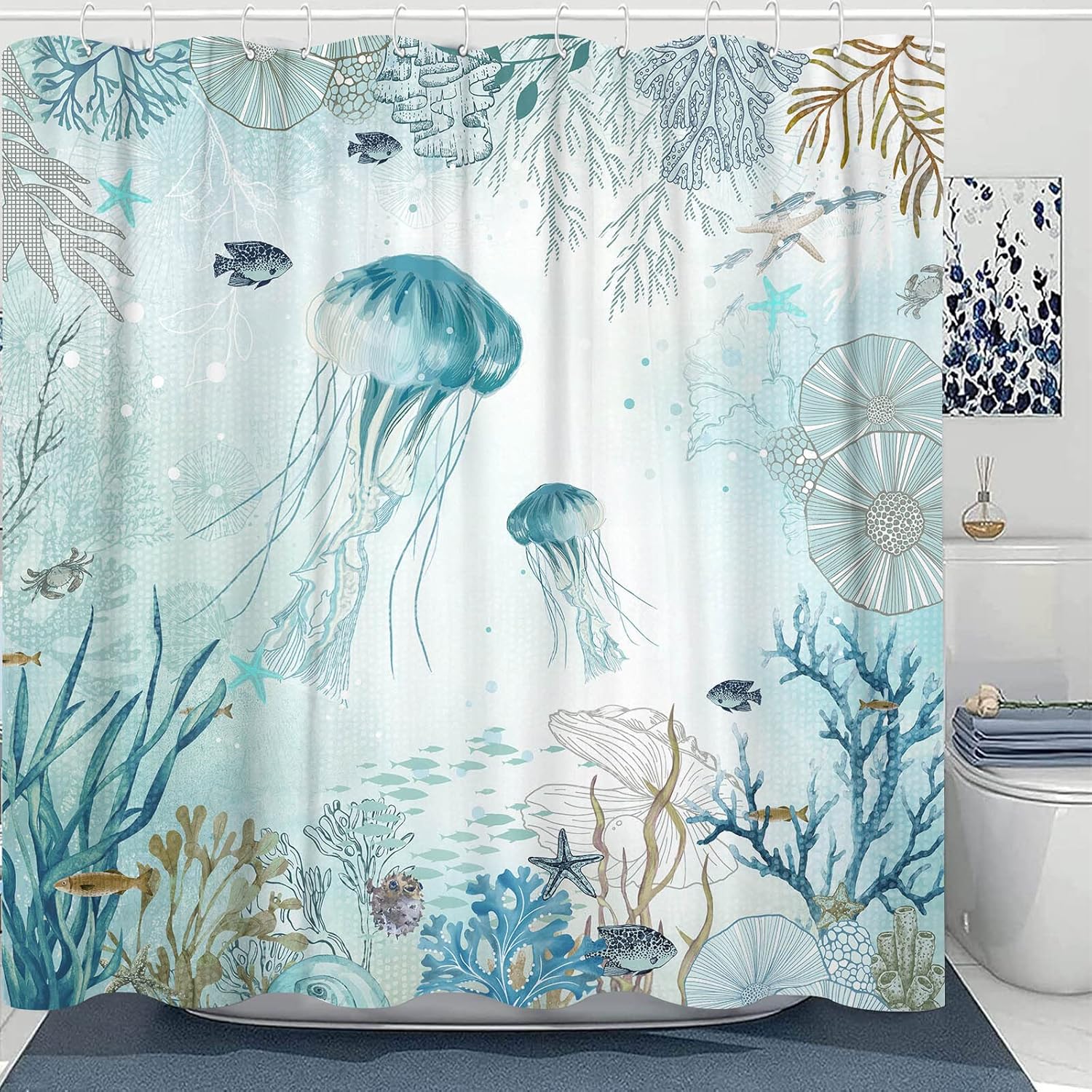 Neasow Nautical Shower Curtain, Teal Jellyfish Beach Shell Sea Life Shower Curtains with 12 Hooks, Coral Bathroom Curtain 72"×72"