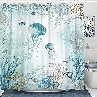 Neasow Nautical Shower Curtain, Teal Jellyfish Beach Shell Sea Life Show...