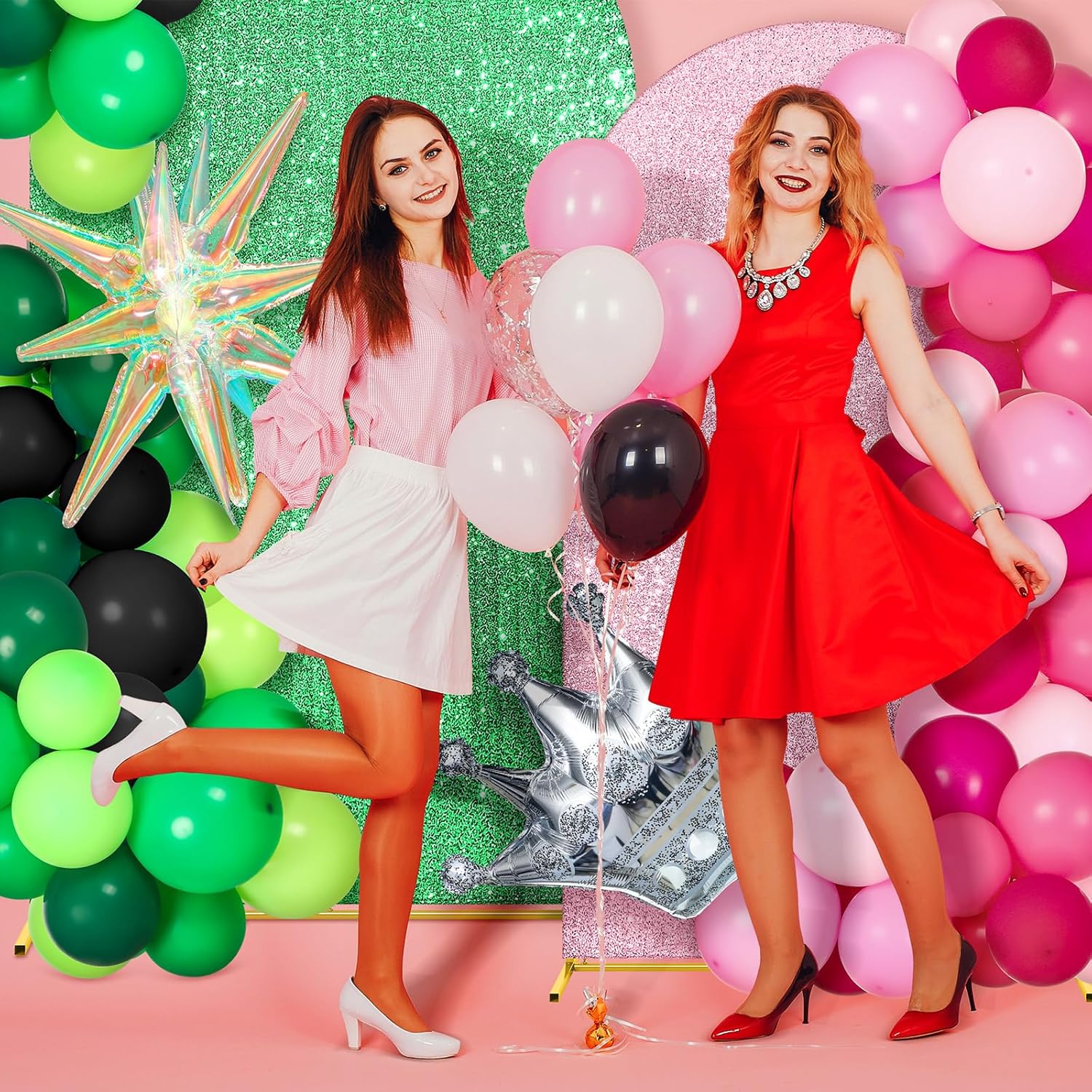 Sequin Green and Pink Arch Backdrop Cover Set of 2 Witch Themed Party Decorations Backdrop Stand Cover 6ft, 7.2ft for Witch and Princess Musical Theatre Birthday Party Supplies