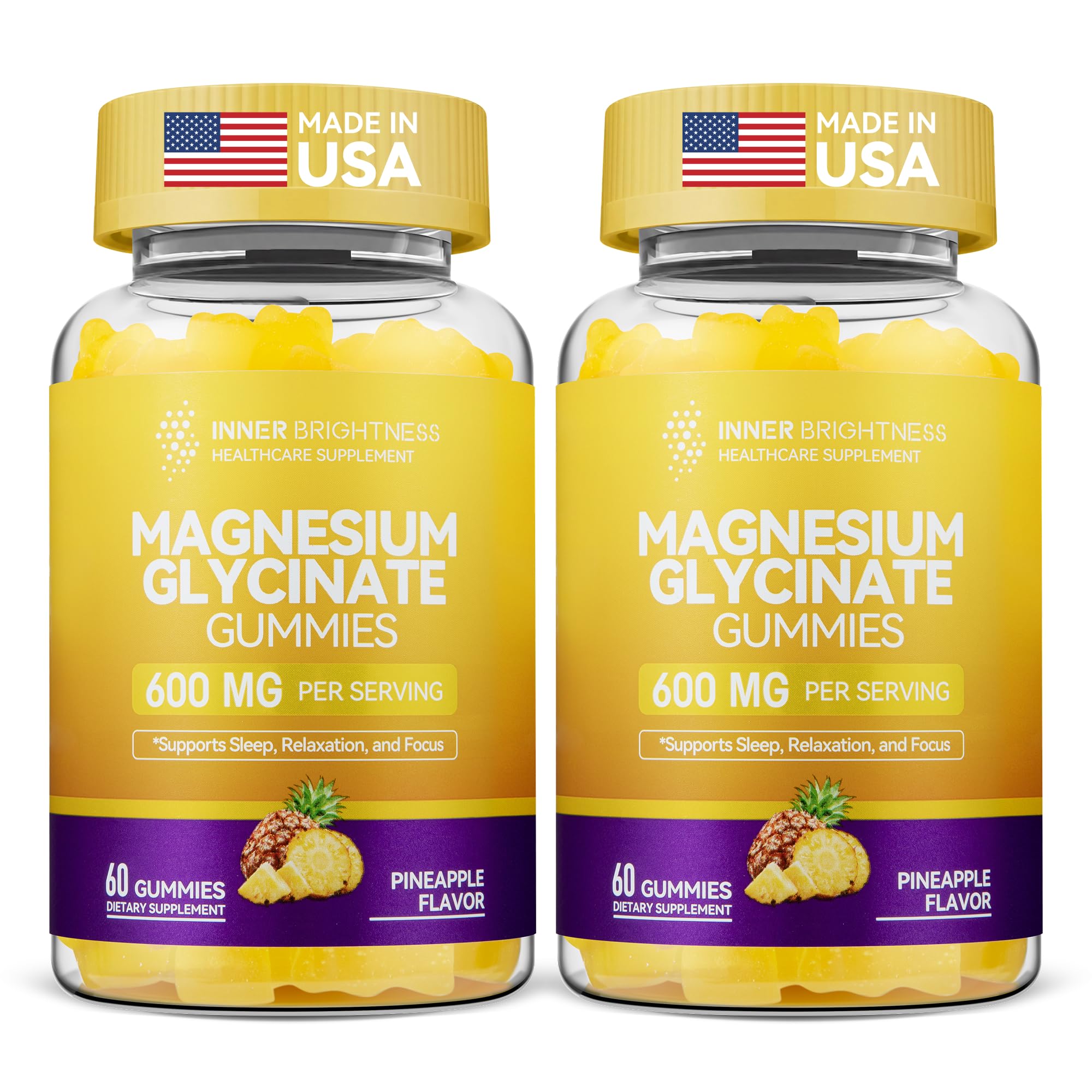 Magnesium Glycinate Plus Gummies 600mg, Sugar-Free, for Adults & Kids 4+ Pineapple (2 Pack)
