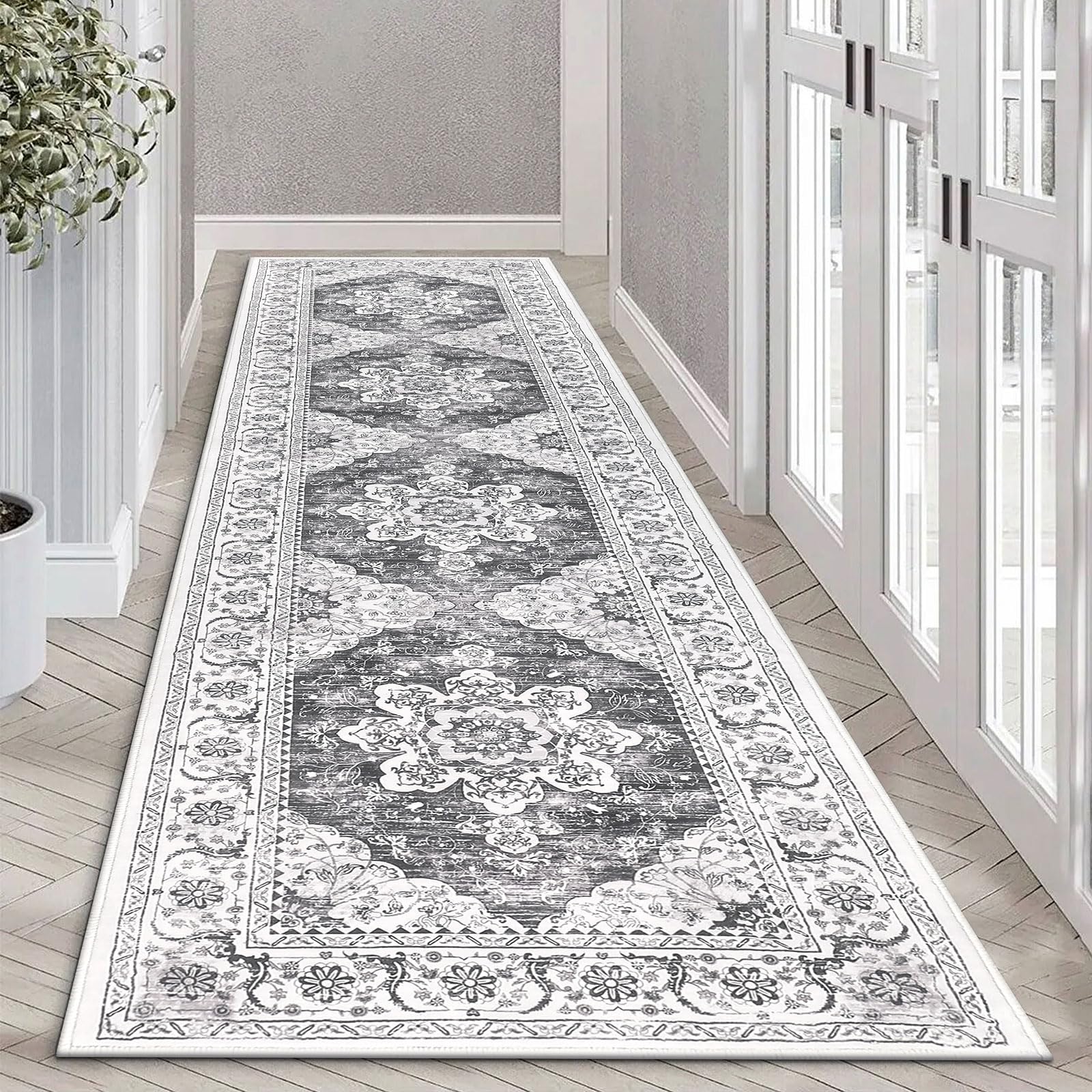 Ileading Vintage Runner Rug for Hallway, Machine Washable Area Rug Runners with Rubber Backing, Non Slip Kitchen Floor Mat for Entryway Bedroom Livingroom (Grey 2x8ft)