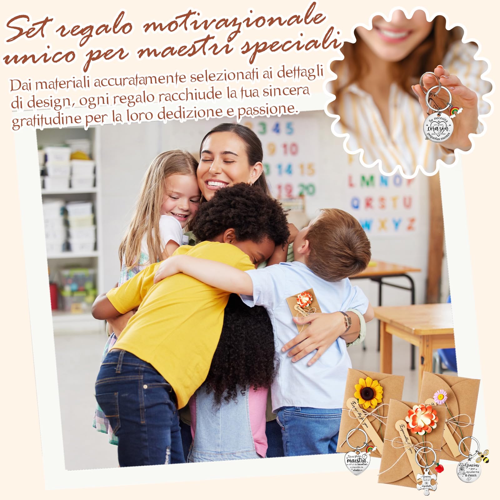 Jetec 6 Sets Regalo Maestro, 6 Llavero de Agradecimiento en Español, 6 Bolígrafos de Madera, 6 Tarjetas con Flores Artificiales, Regalo Agradecimiento Profesora Primaria para Navidad Jubilación