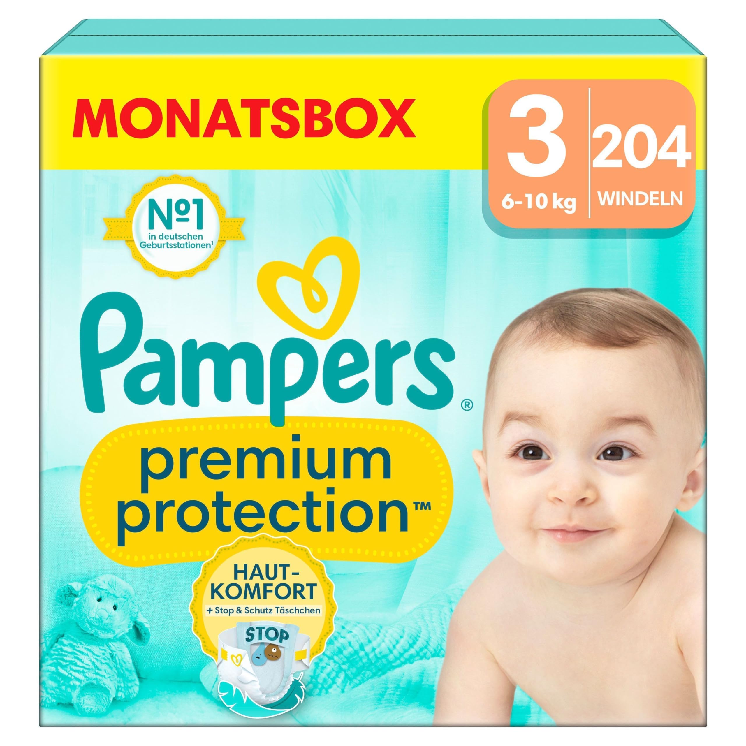 Produkt zur Spende - Pampers Baby Windeln Größe 3 (6-10kg) Premium Protection, Midi, MONATSBOX, bester Komfort und Schutz für empfindliche Haut, 204 Stück