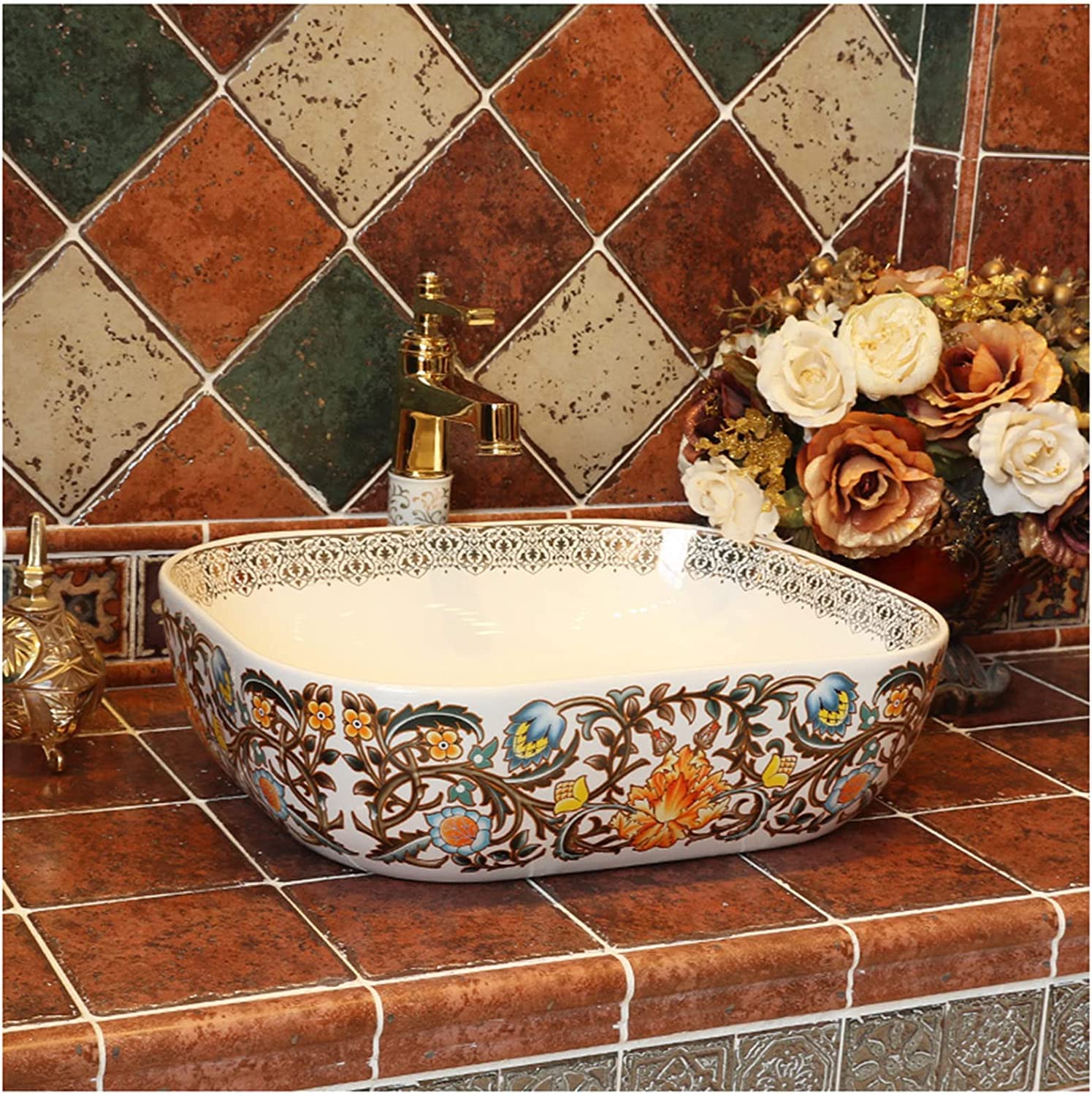 Gljtuo B Ceramic Athroom Sink Vessel Sink Rectangle - 19.6 Inch Athroom Vessel Sink Above Counter Rectangular White Ceramic Porcelain Farmhouse Lavatory Vanity Ath Sink Art As,-Sinkset