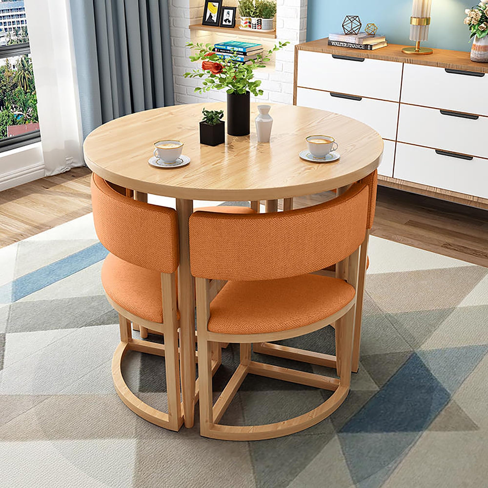 Juego de mesa de comedor gris compacto y moderno con 4 elegantes sillas de tela, 80 cm, muebles de comedor y oficina en casa para espacios pequeños, diseño de cactus, solución para ahorrar espacio