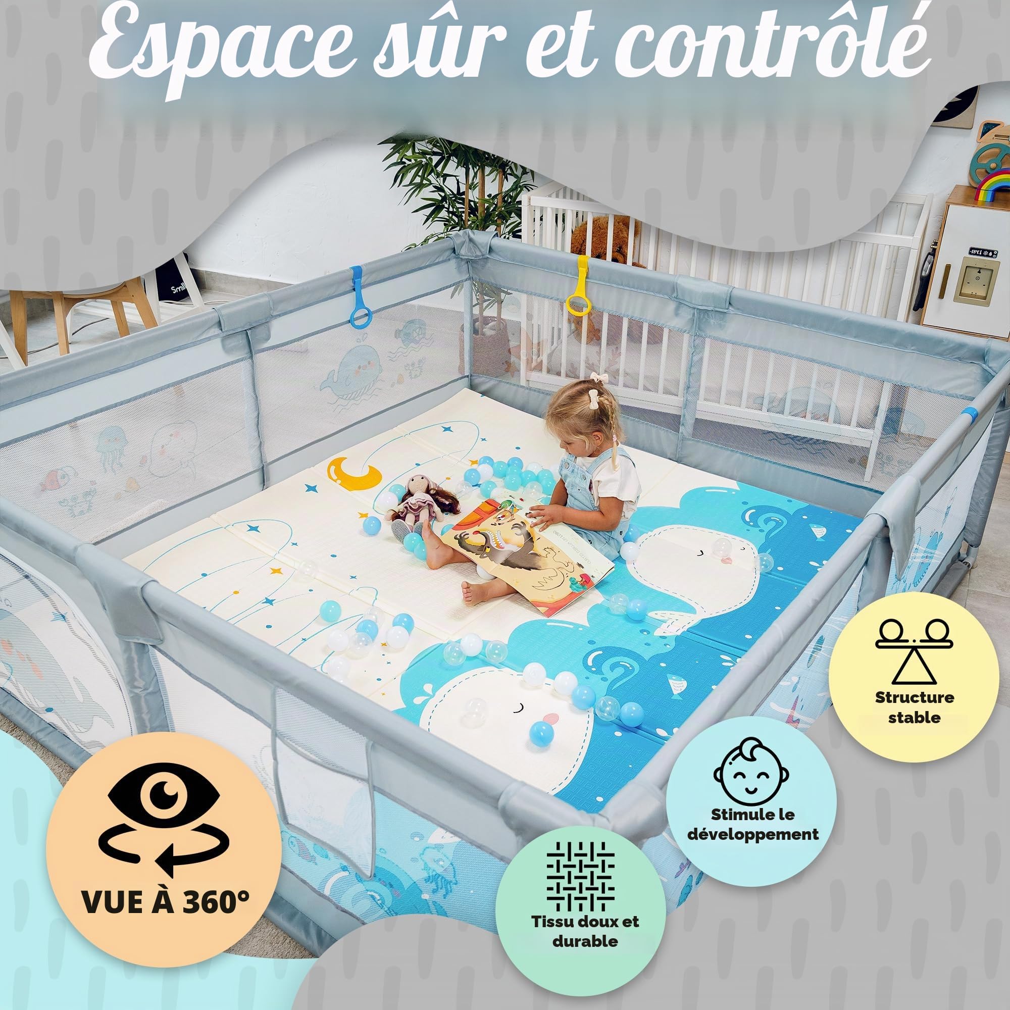 Parc pour bébé 150 x 180 cm + tapis pour bébé + 60 balles + poignées + sacs de transport – Parc de jeux pour bébé avec maille respirante – Playpen Bebe (150 x 180 cm)