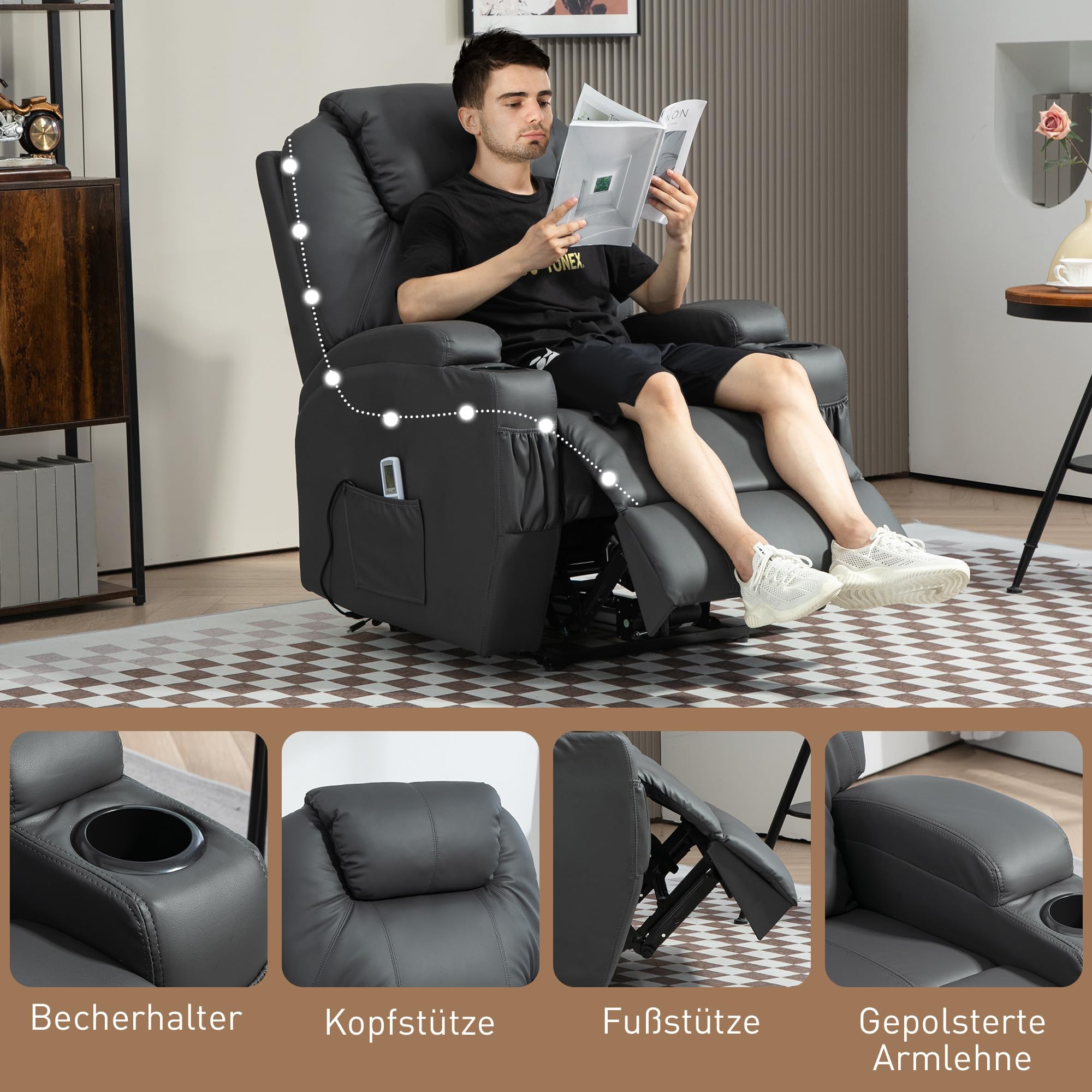 COSTWAY Vloerstoel, vloerstoel met 6-traps verstelbare rugleuning, gamestoel gevoerd, vloerbank, meditatiestoel, lazy sofa, vensterstoel, meditatiestoel, marineblauw