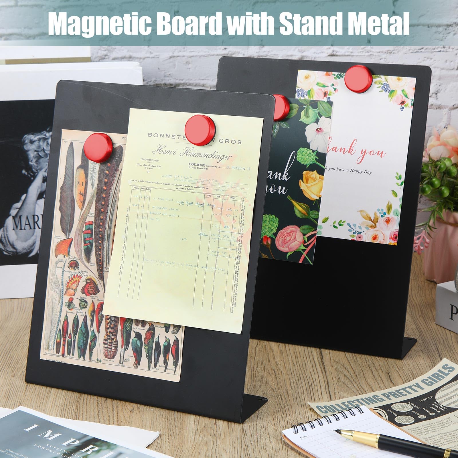Fainne 8 tableros magnéticos para anuncios con soporte de caballete, mini imán negro, tablero de notas de metal para mesa de menú, hogar, escuela, cocina, suministros de oficina (11 x 8.5 pulgadas)