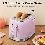 2 Slice Toaster Retro Stainless Steel with 1.5” Extra Wide Slots Bagel, Defrost, Reheat, Cancel Function, 6 Bread Shade Settings, Removable Crumb Tray, Pink