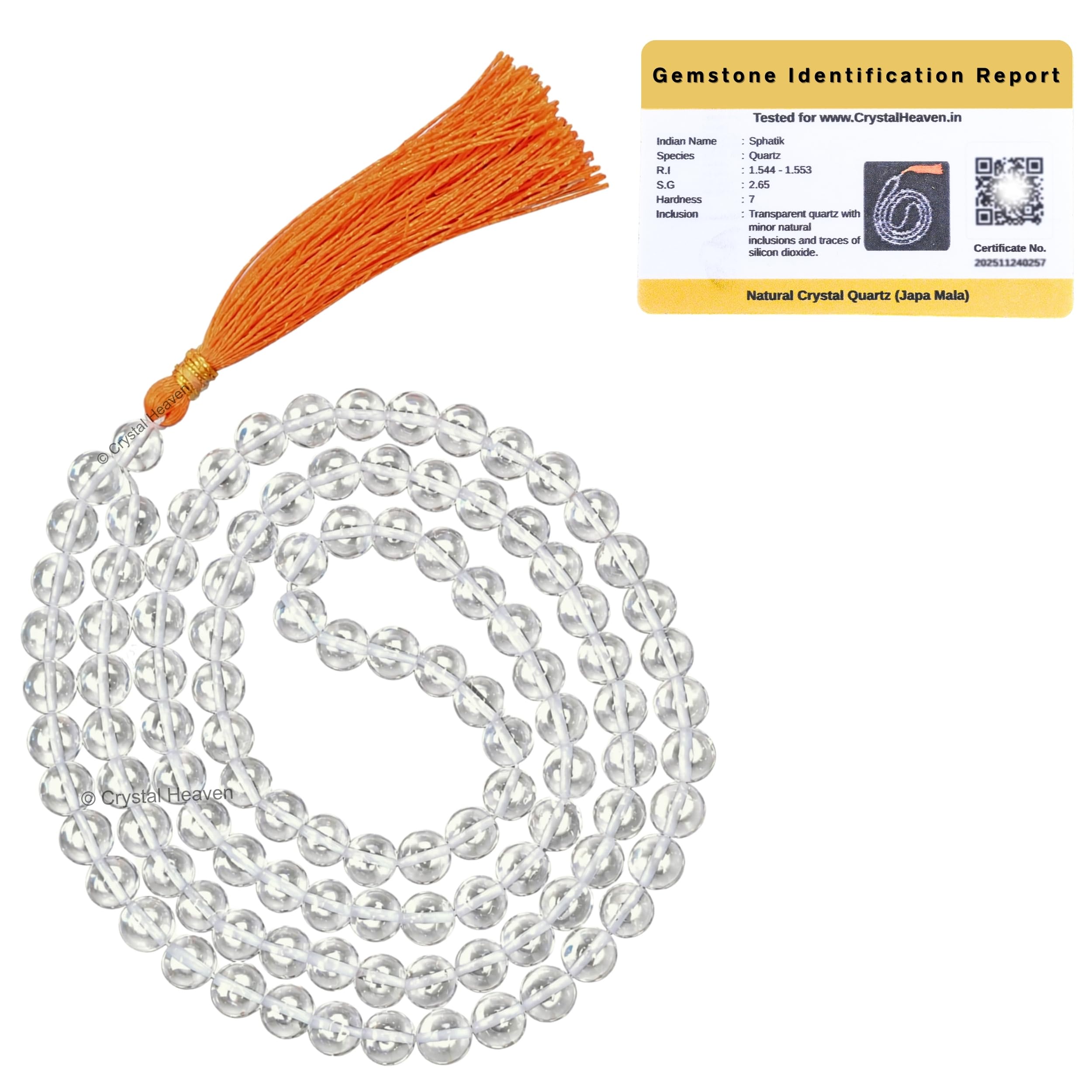 sphatik mala 108 bead original japa prayer beads - aaa grade spatik mala healing gemstone clear quartz for yoga meditation spiritual reiki feng shui (7mm beads)