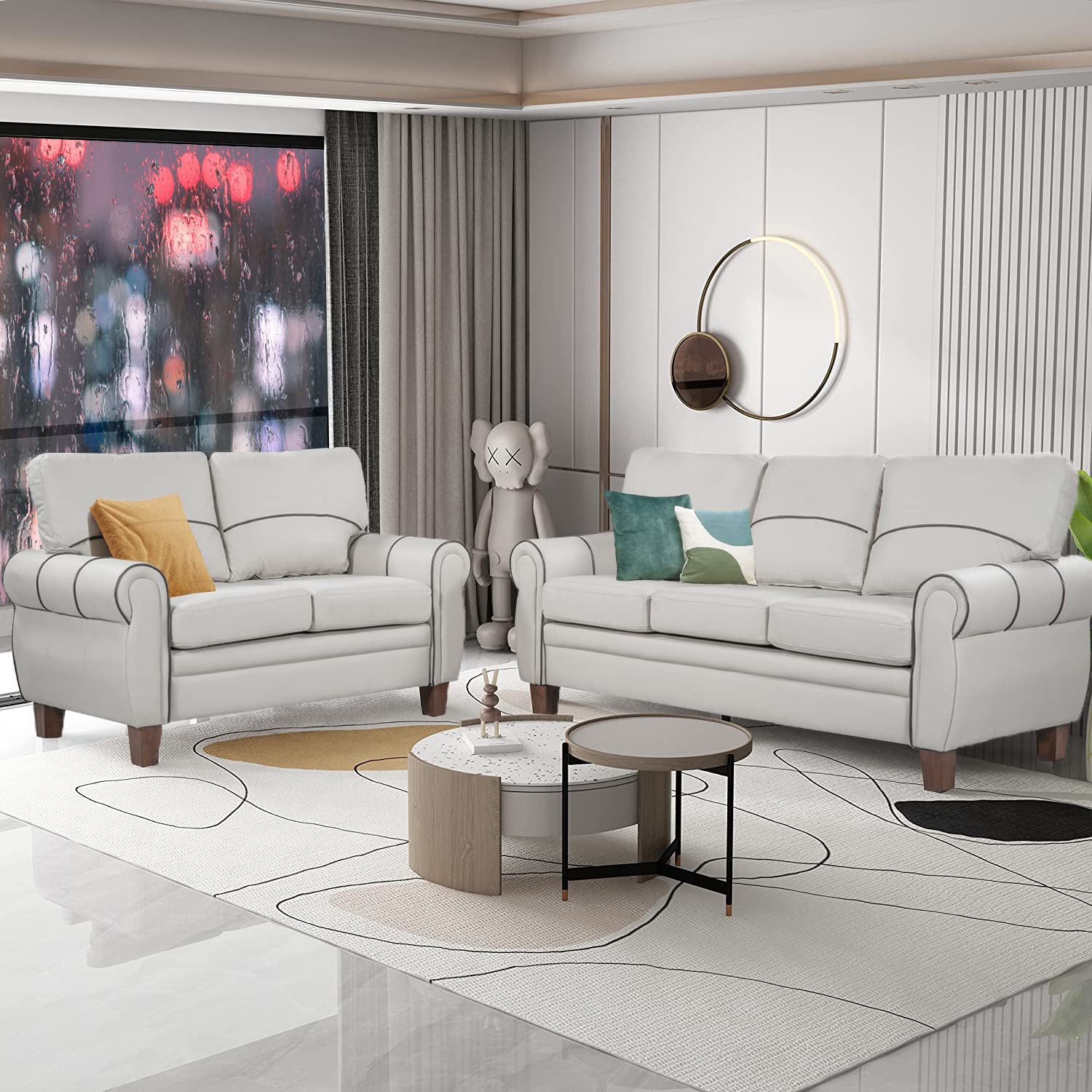 UBGO Living Room Furniture, Mid-Century Classic Upholstered 2 Piece Chair Loveseat Couch with Rolled Arm for Home or Office,Sectional Sofa Set,Light Grey((2+3 seat)