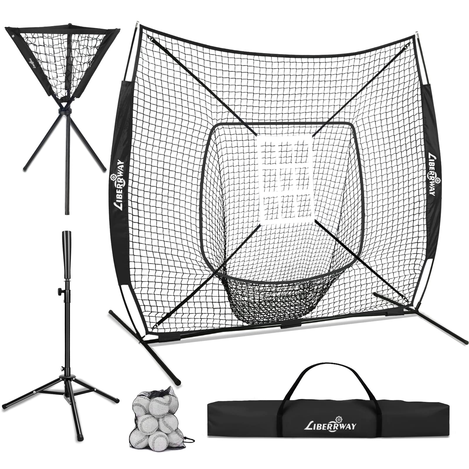 Photo 1 of LIBERRWAY Baseball and Softball Practice Net 7×7ft Portable Hitting Pitching Batting Training Net Baseball Backstop Net with Batting Tee Ball Caddy and Strike Zone and Bow Frame and Carry Bag Black Net + Tee +Ball Caddy +12 baseballs