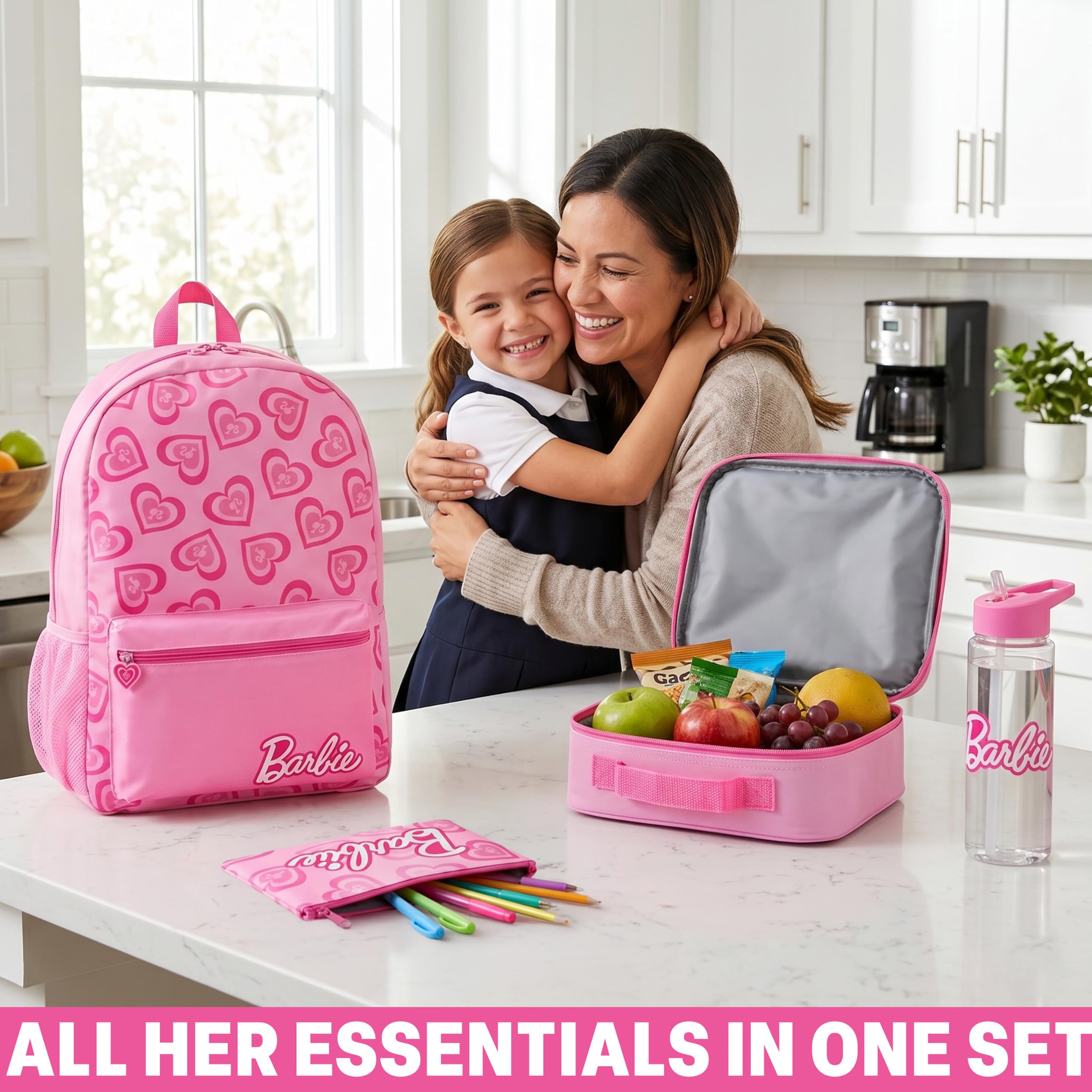 Get Trend Barbie Sac a Dos Fille Set, 4 Pcs Cartable Enfant, Trousse Scolaire, Sac Isotherme Repas et 500ml sans BPA Gourde avec Paille (Rose Barbie)