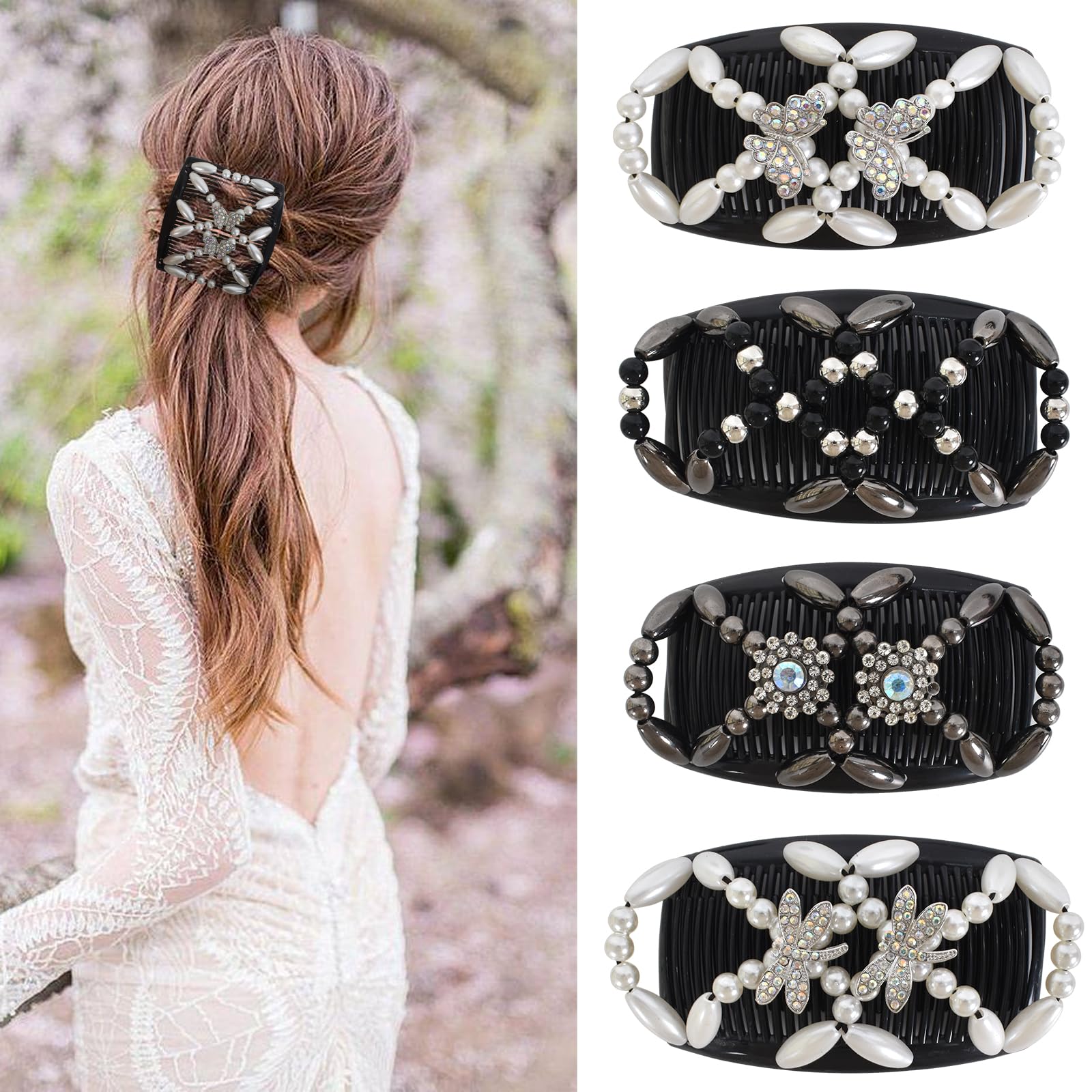 4 Pezzi Magic Hair Comb per Capelli, Pettini per Capelli Fermagli per Capelli, Doppio Pettine Fermacapelli Signore Clip, Fermagli a Pettine Magico Elastici per Donne Ragazze Accessorio per Capelli
