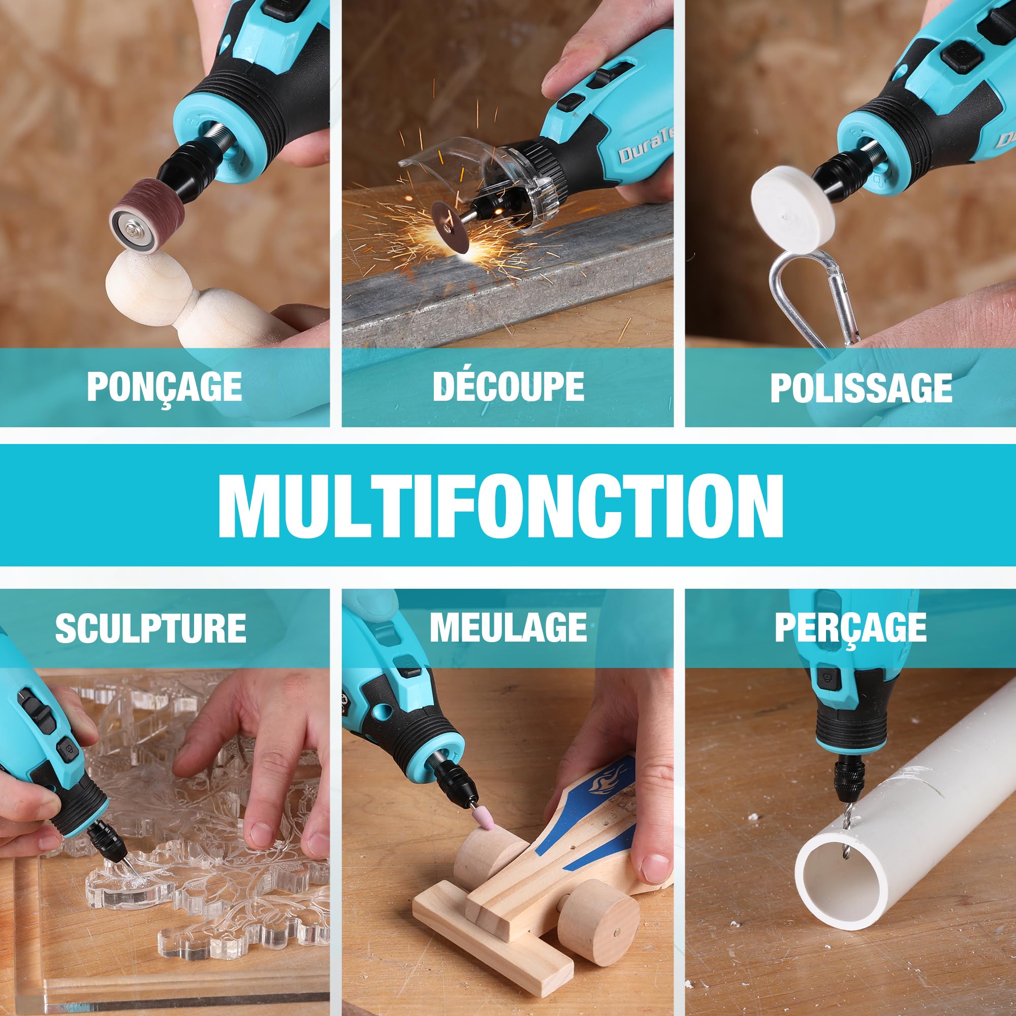 DURATECH Outil Rotatif Multifonction sans Fil 12V avec 118 Accessoires | 7 Réglages de Vitesse Variable 5000-35000 tr/min, pour Meuler, Couper, Percer, Polir, Nettoyer, Graver
