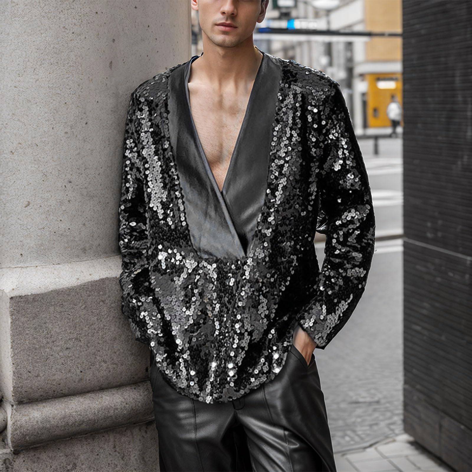 Camicia Uomo Paillettes Elegante, Giacca Brillante a Maniche Lunghe con Effetto Scintillante, Outfit da Festa e Spettacolo per Concerto, Discoteca e Serata Glamour