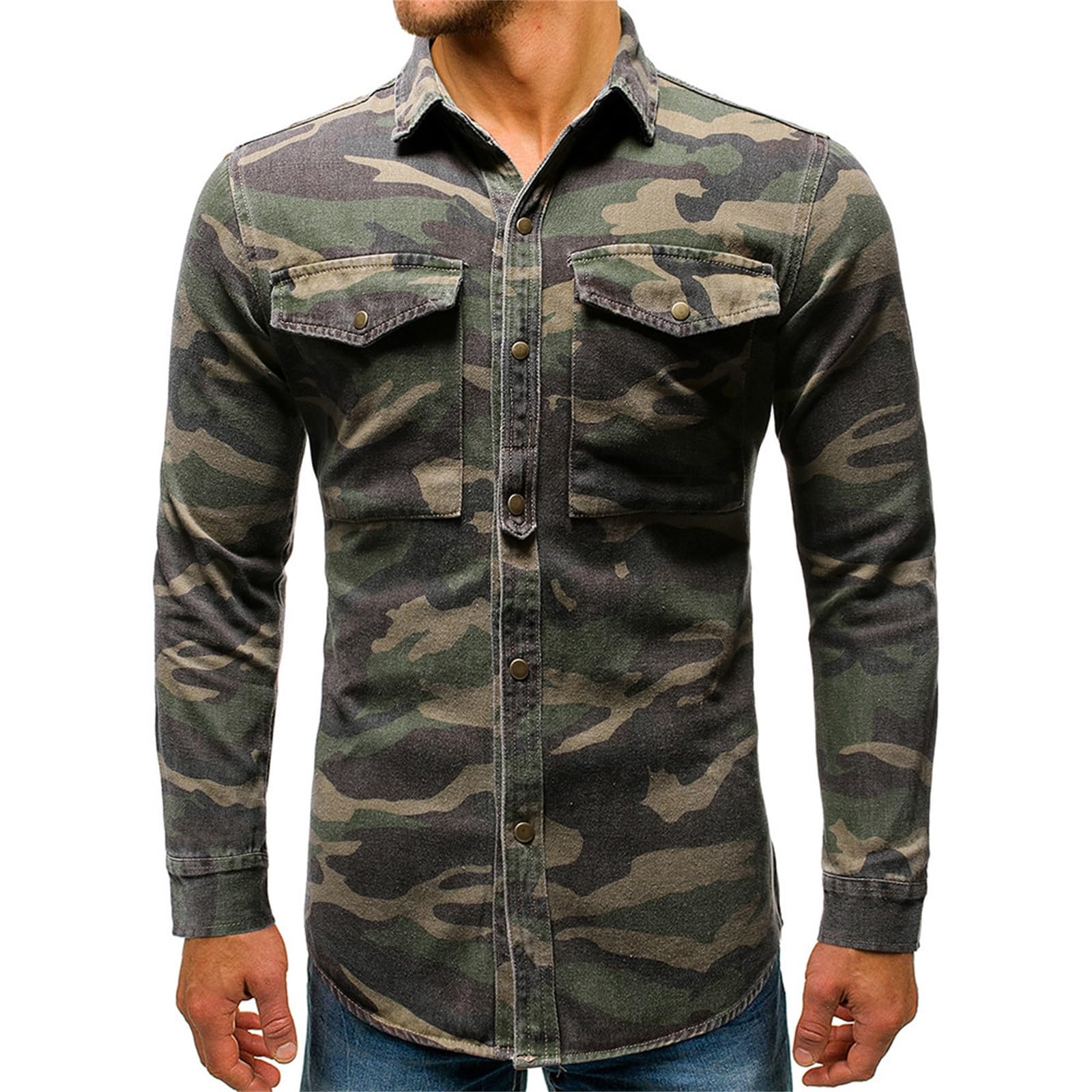 Camouflage Denim Jacket for Men Basic Stretch Jeans Jacket Lightweight Outdoor Jacket Windproof Field Jacket Functional Jacket Casual Jacket Denim Jackets with Button Closure Jeans Cargo