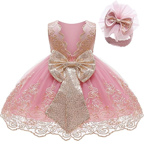 Huttam Robe Noel Bebe Fille 0-24 Mois Robe Bapteme Fille Bebe Dentelle à Volants Robe Princesse Tutu Ceremonie Bébé Fille Vêtements Pas Cher Ensemble Robe Sans Manches + Bandeau (0-6 Mois, Beige