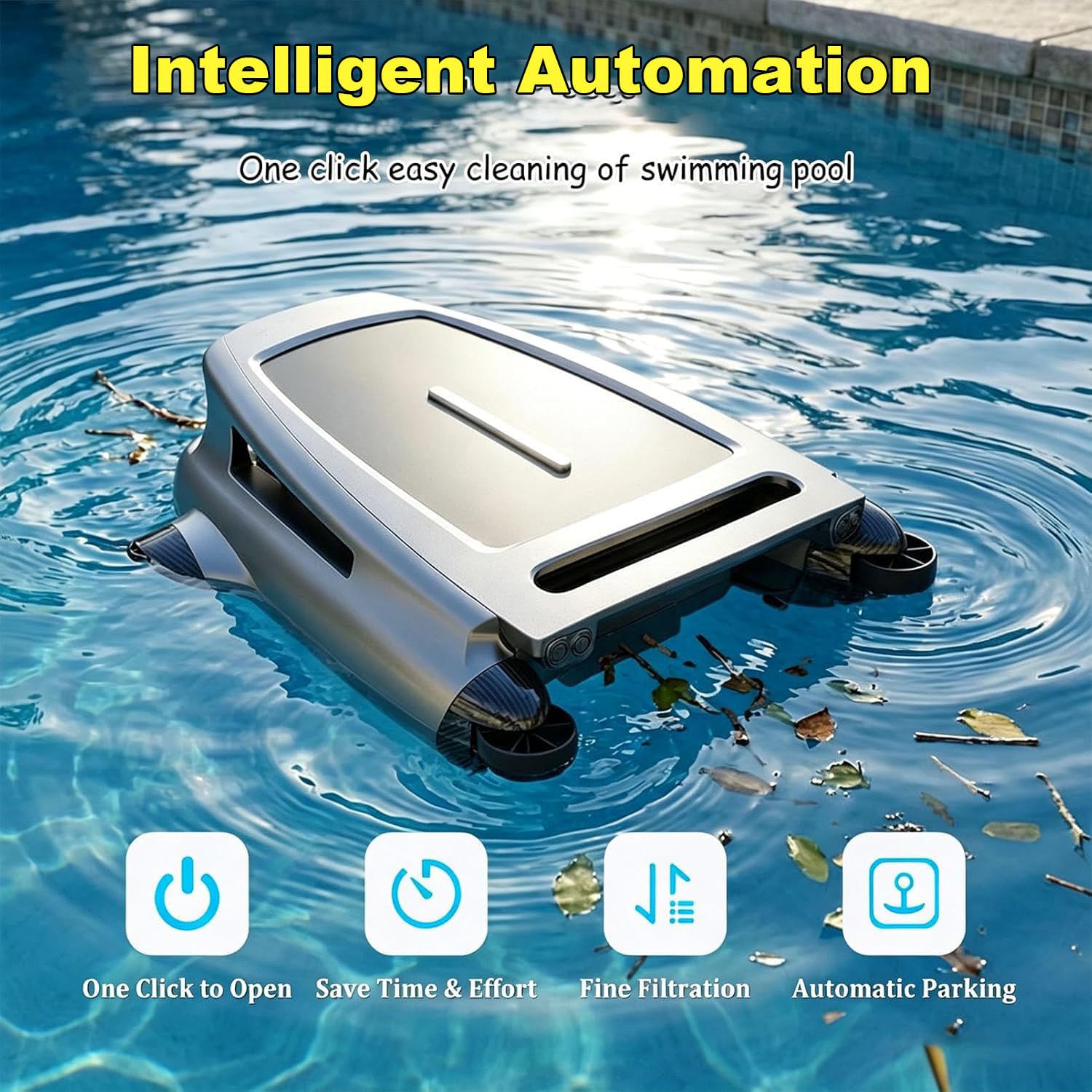 Écumoire de piscine robotique à énergie solaire avec nettoyage continu 22 h, panier filtrant de grande capacité de 3,8 L, application et télécommande, évitement intelligent des obstacles pour les
