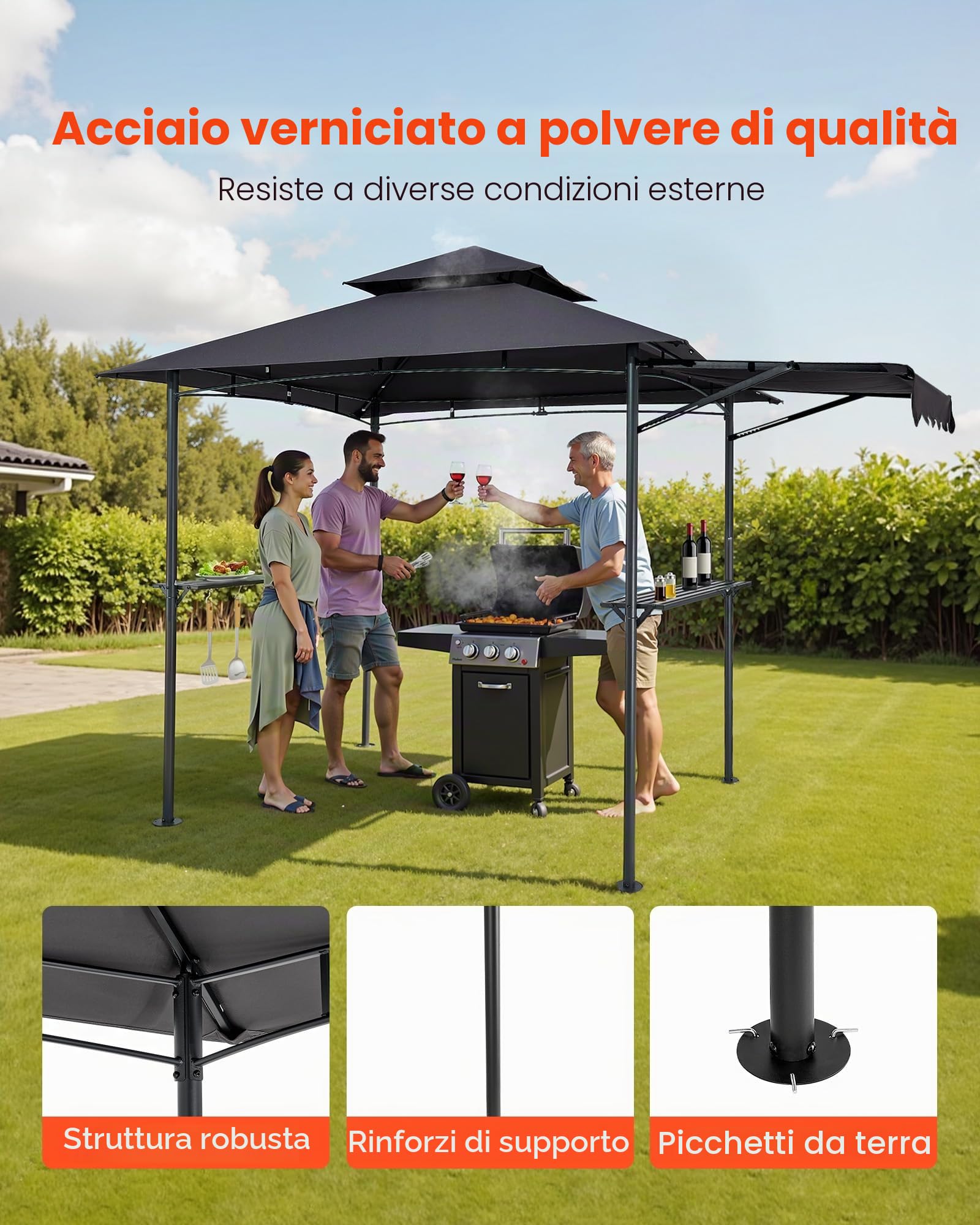 VEVOR Gazebo per Barbecue 243x150 cm, Tenda Gazebo per Barbecue da Esterno con Tettoia, Tetto a 2 Livelli, Copertura per BBQ da Giardino in Acciaio Verniciato a Polvere, per Grigliate, Feste, Picnic