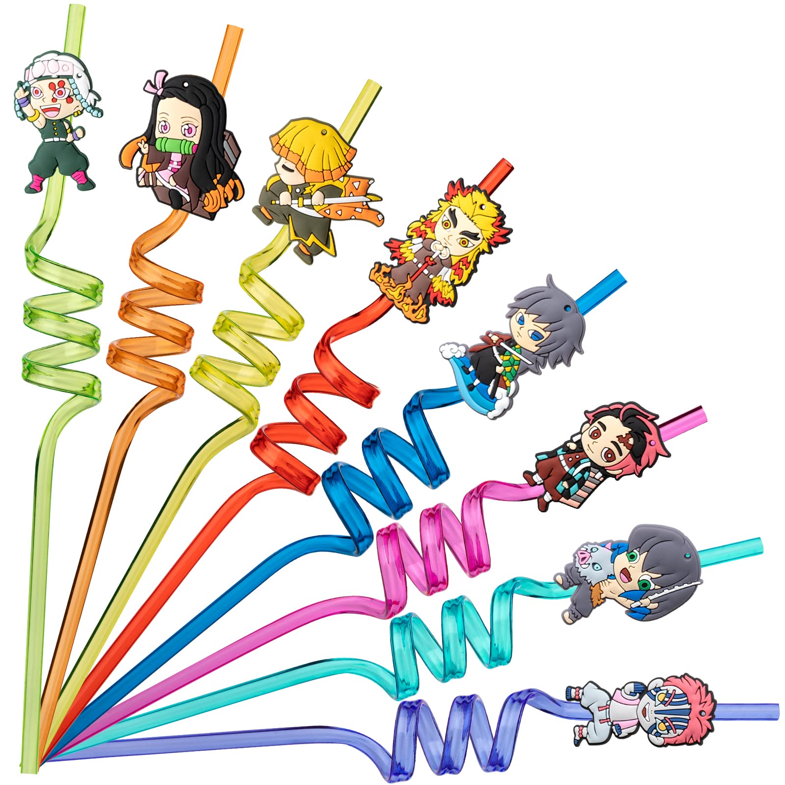 YAOOA 24Pcs Demon Slayer Birthday Party Supplies Reusable Drinking Straws,8 Designs Demon Slayer Themed Party Favors with 2 Cleaning Brushes