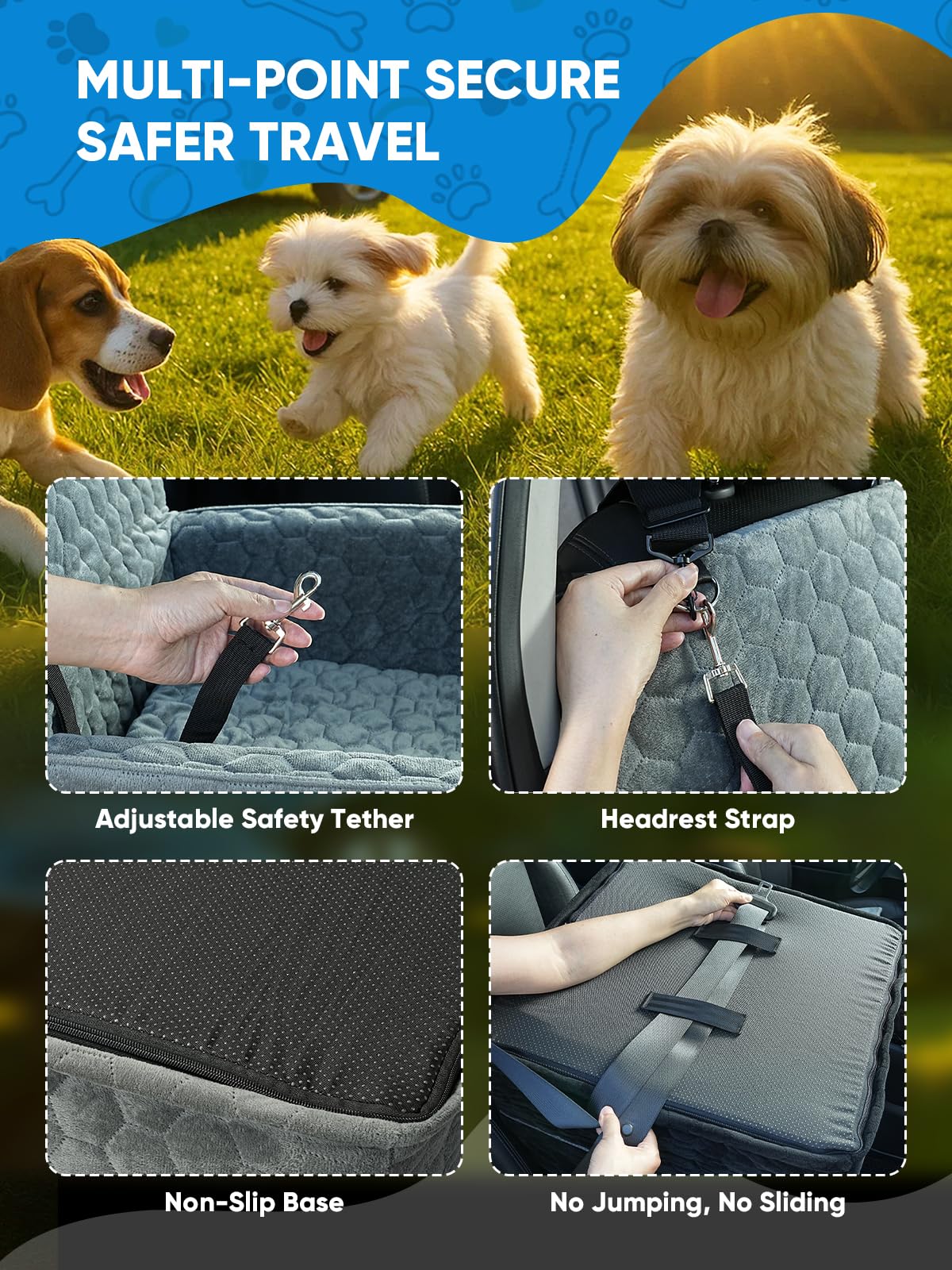 Dog Car Seat for Small/Medium Pets, Adjustable Booster Seat with Safety Leash, Washable Cover & Storage Pockets (Up to 35 lbs, Gray) - image 4