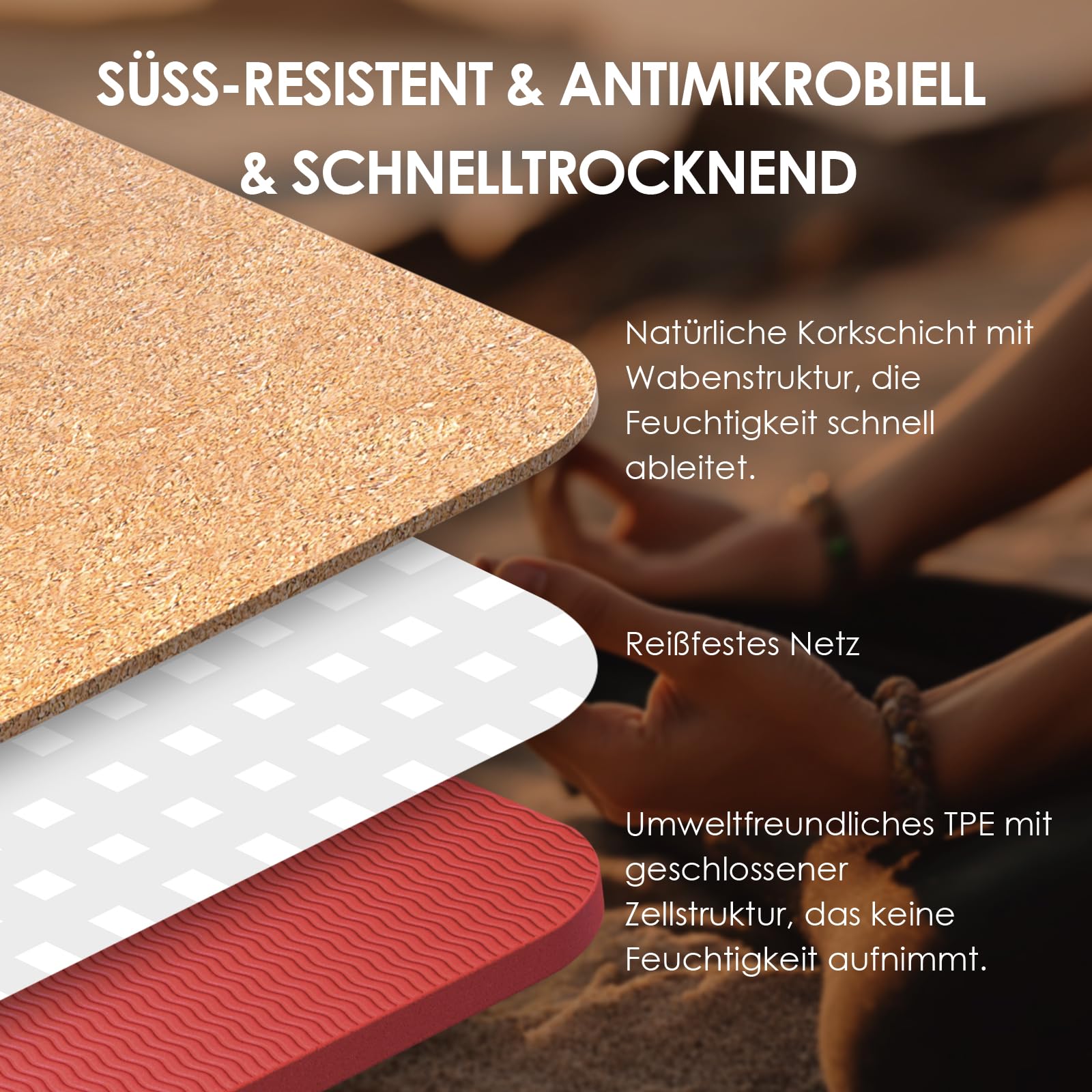 Yogamatte Kork – Rutschfeste Yoga Matte, Einzigartiges Design, Naturkautschuk TPE Gymnastikmatte, Trainingsmatte mit Tragetasche & Gurt, für Zuhause, Pilates, Aerobic Fitnessstudio und Workout