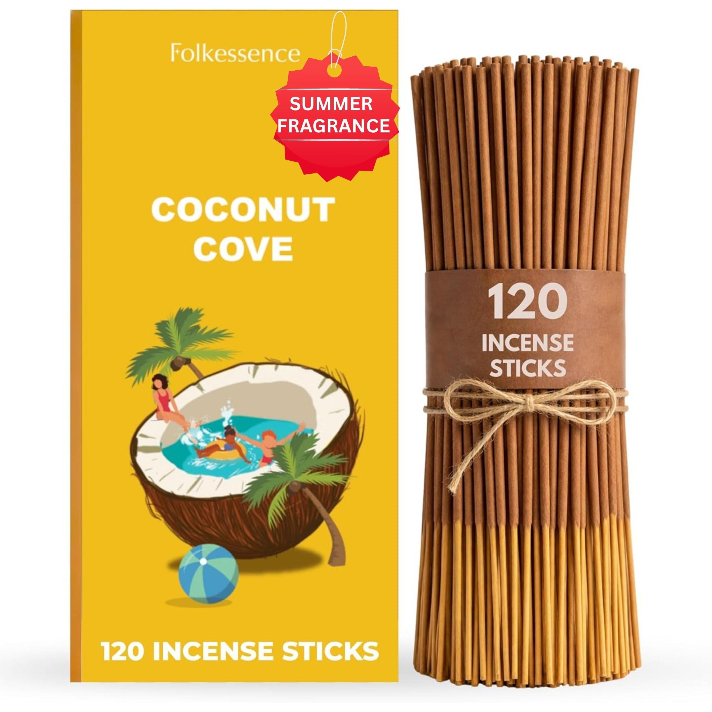 Folkulture Incense Sticks (120 Sticks) | Coconut Cove Incense for Home & Aromatherapy | Long Burning, Charcoal-Free, Non-Toxic Incense for Relaxation & Summer Vibes | Gift for Her