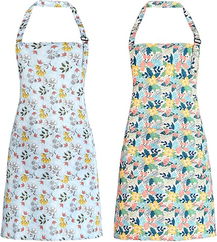 Delantal floral para mujer con bolsillos, 2 delantales de lona ajustables para cocinar, hornear, jardinería, manualidades