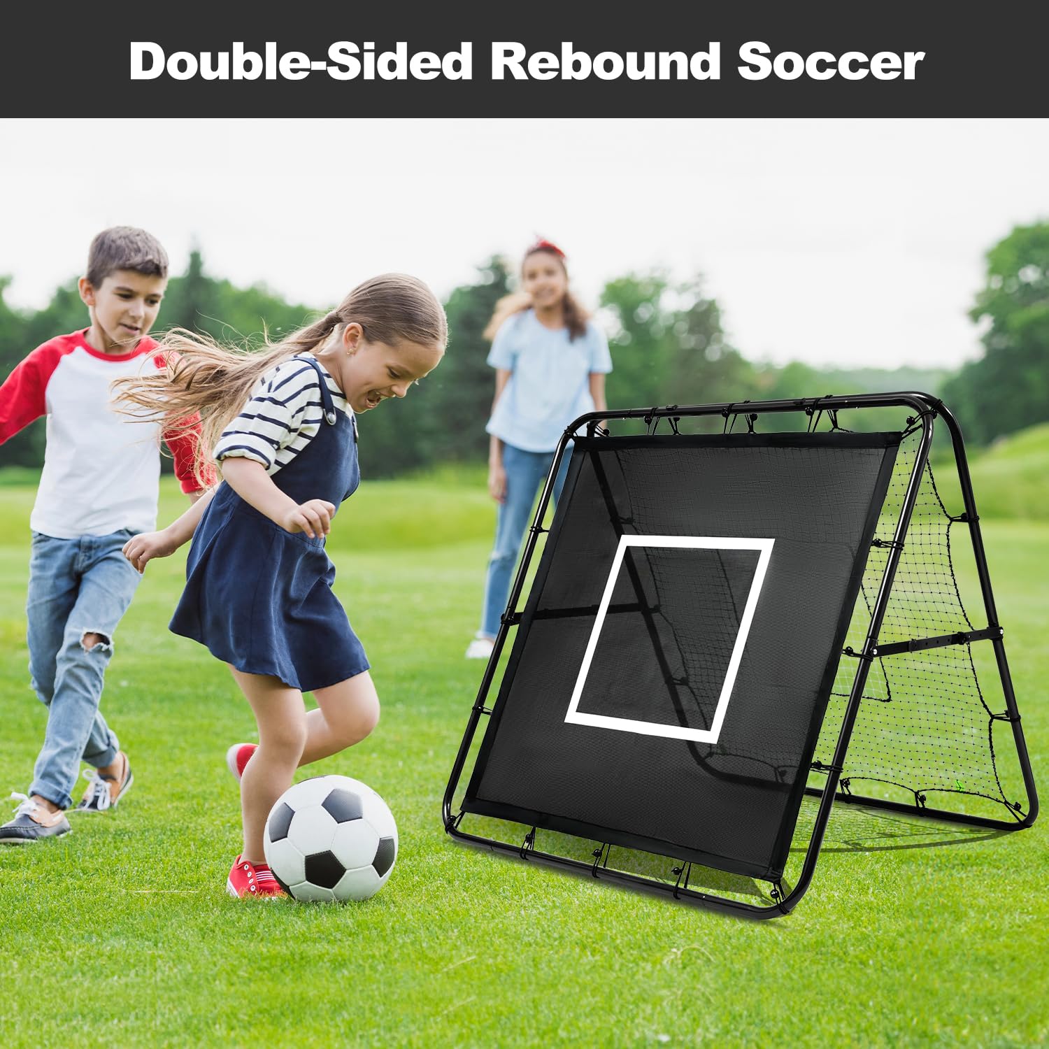 BAGAIL Doppelseitiges Rebounder-Netz, Fußballnetze, verstellbare Winkel, anpassbare Struktur, Rebound-Netz mit Ziel für Geschicklichkeitstraining, tragbare Fußballtore für den Garten, 120x120cm