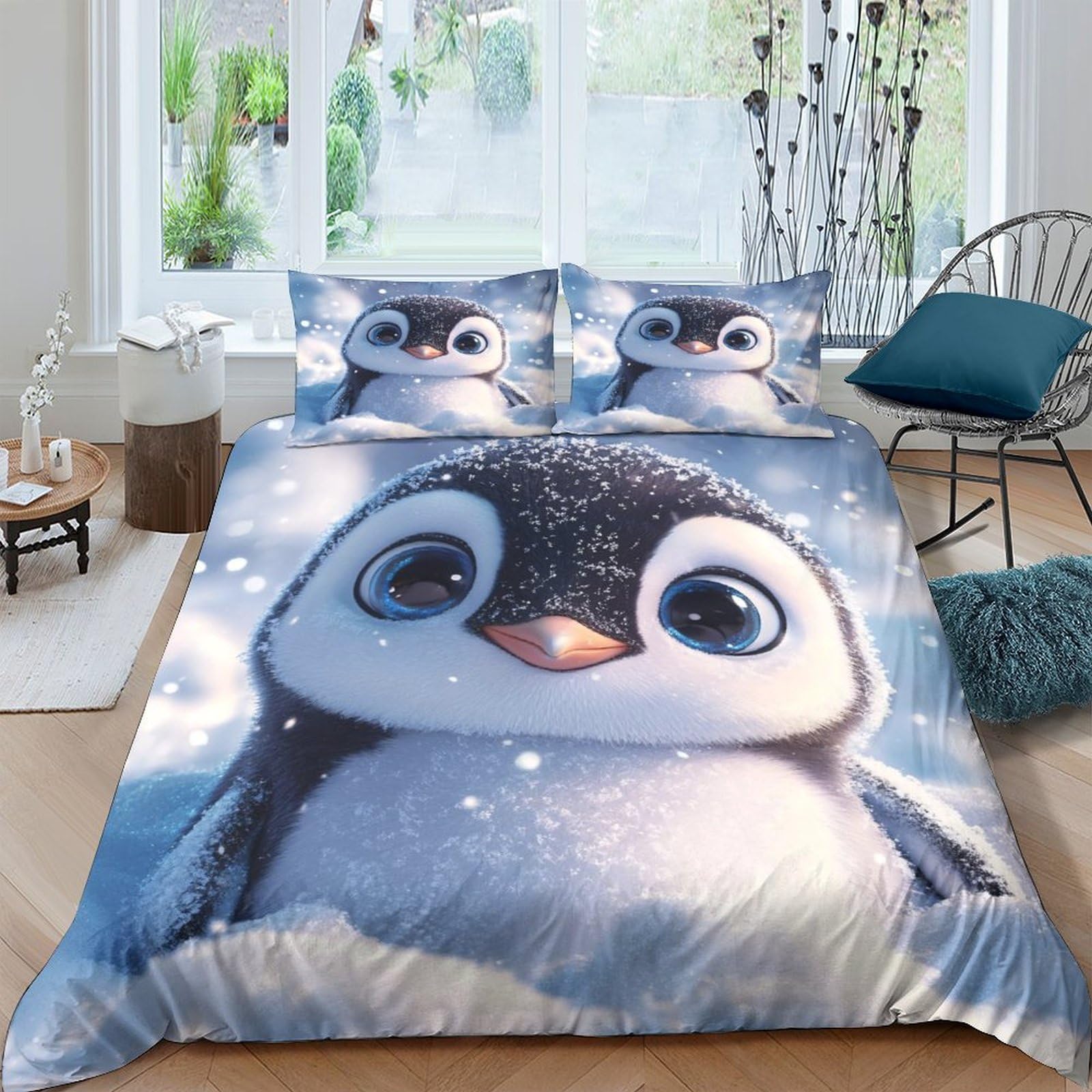 Ctjqhvkz Style-7 3D Printed Cute Penguin Fitted Sheet Microfiber Soft Blue Cartoon Animal Bed Sheet For Bedroom Dorm Mattress Decor Single（135X200cm）