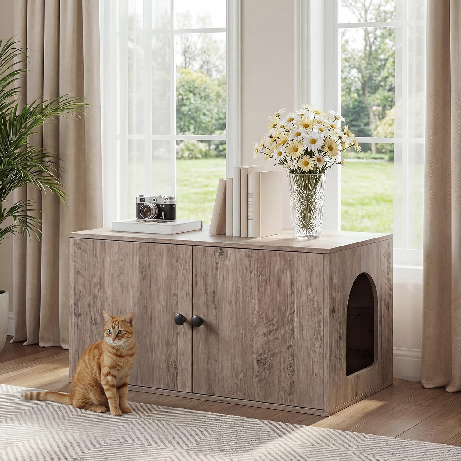 HOOBRO Cat Litter Box Enclosure, Hidden Litter Box Furniture with Side Entry, Litter Box Cabinet, Indoor Cat House, End Side Table, 31.5"L x 17.7"W x 16.3"H, for Living Room, Bathroom, Greige BG40MW01