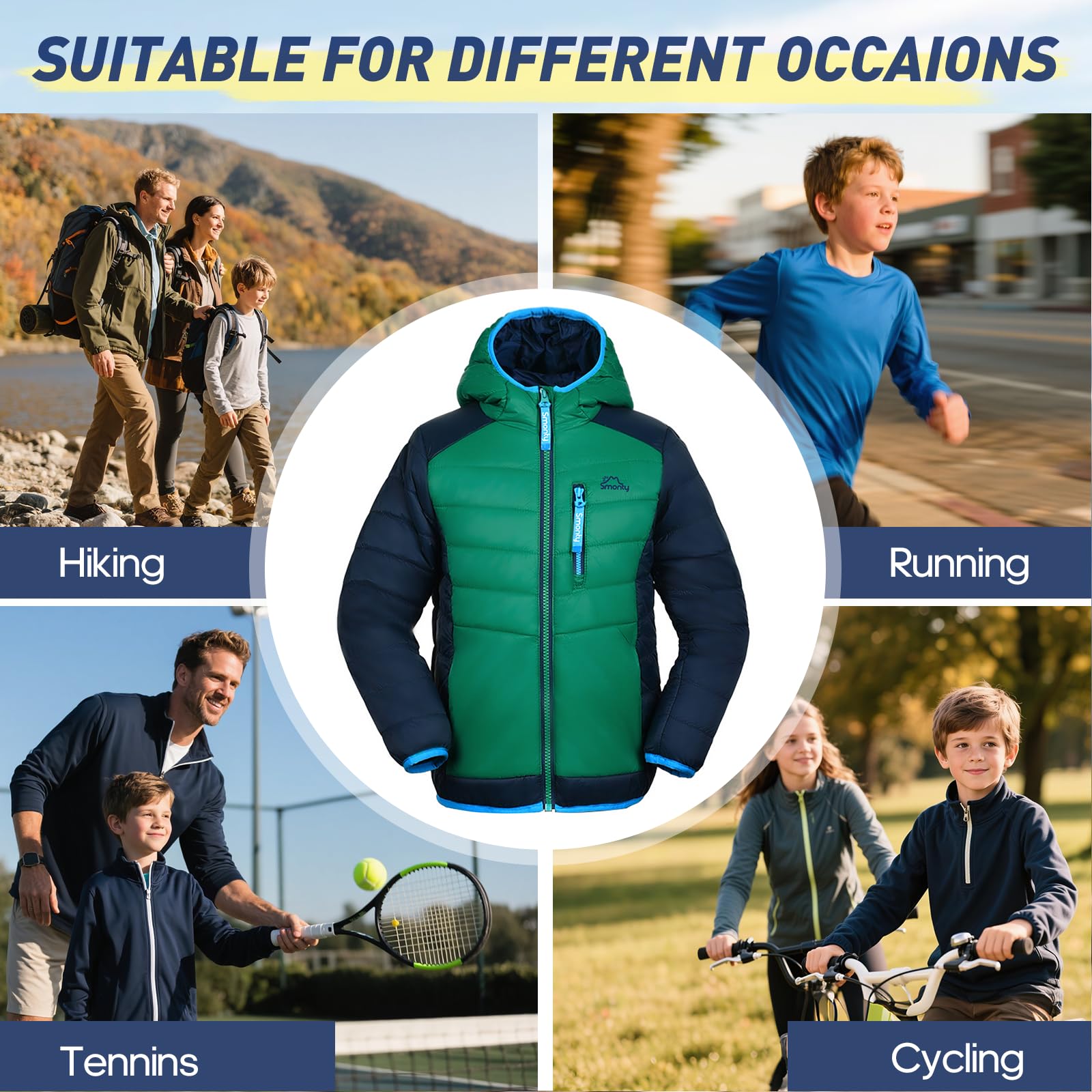 SMONTY Kinder Daunenjacke – wasserabweisend und leichter Mantel für Jungen und Mädchen mit vernähten Nähten – ideal für Frühling, Herbst, Camping, Wandern und Reisen