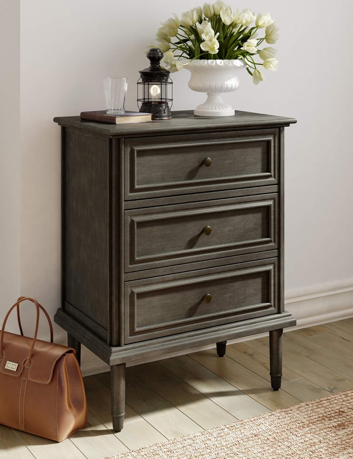 Traditional Dark Gray 3-Drawer Office Storage Cabinet with Bronze Hardware