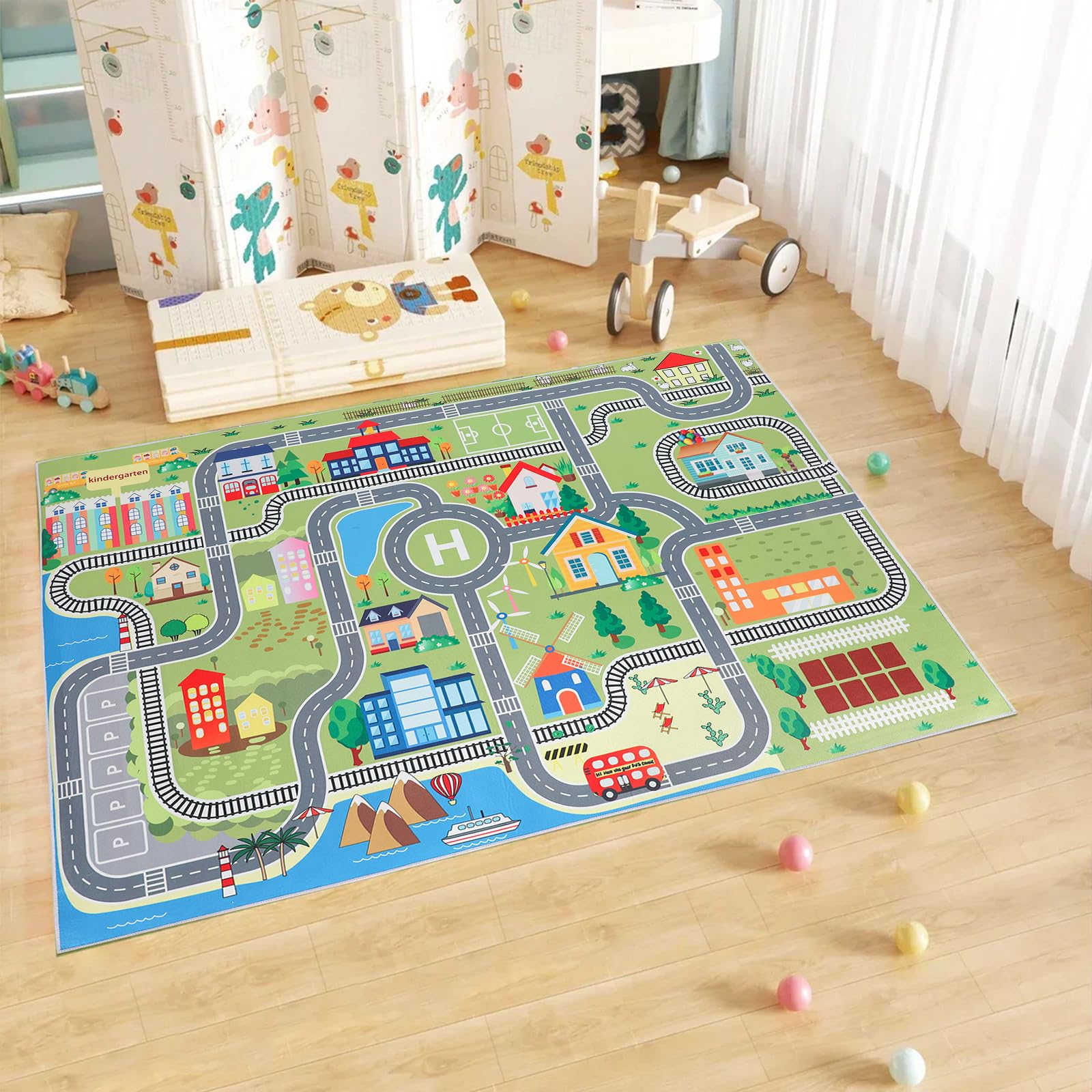 Spielteppich mit Straßen und Häusern, 120x160 cm rutschfest Teppich für Jungen & Mädchen, Autoteppich für Schlafzimmer Spielzimme Klassenzimme (A)