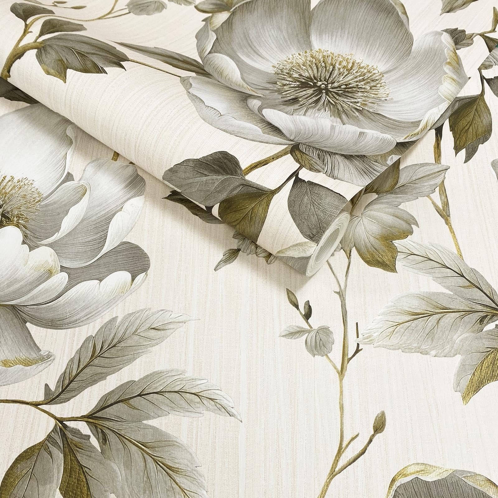 Sophie Laurence Grey Cream Gold Cream Gold Floral Wallpaper Grey Leaf Textured Metallic Shimmer Bedroom Feature