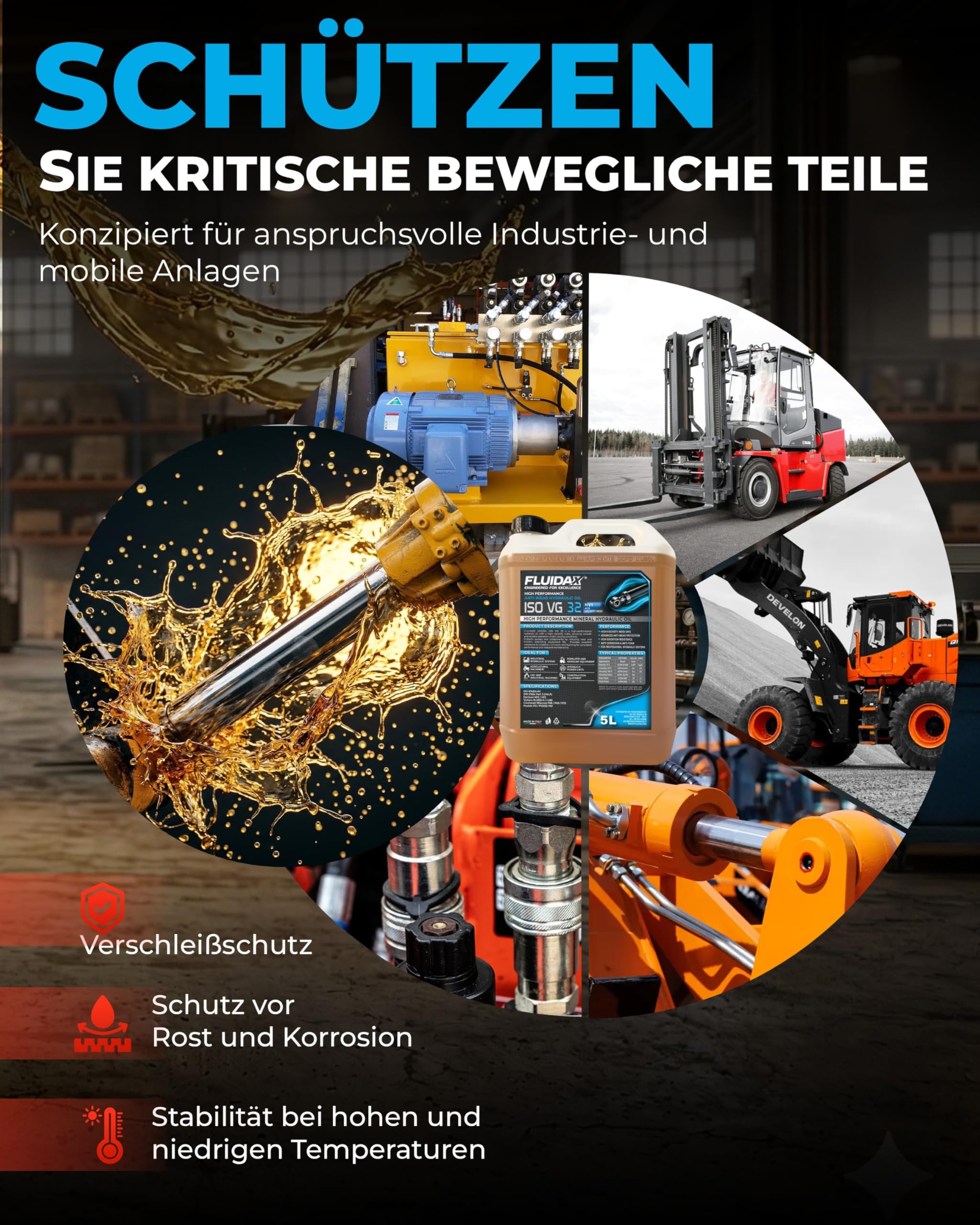Hydrauliköl ISO VG 32 HVI 5 Liter – Hochleistungs Hydrauliköl, Verschleißschutz, Hohe thermische Stabilität – Für Industrie, Traktor, Bagger und Hydrauliksysteme