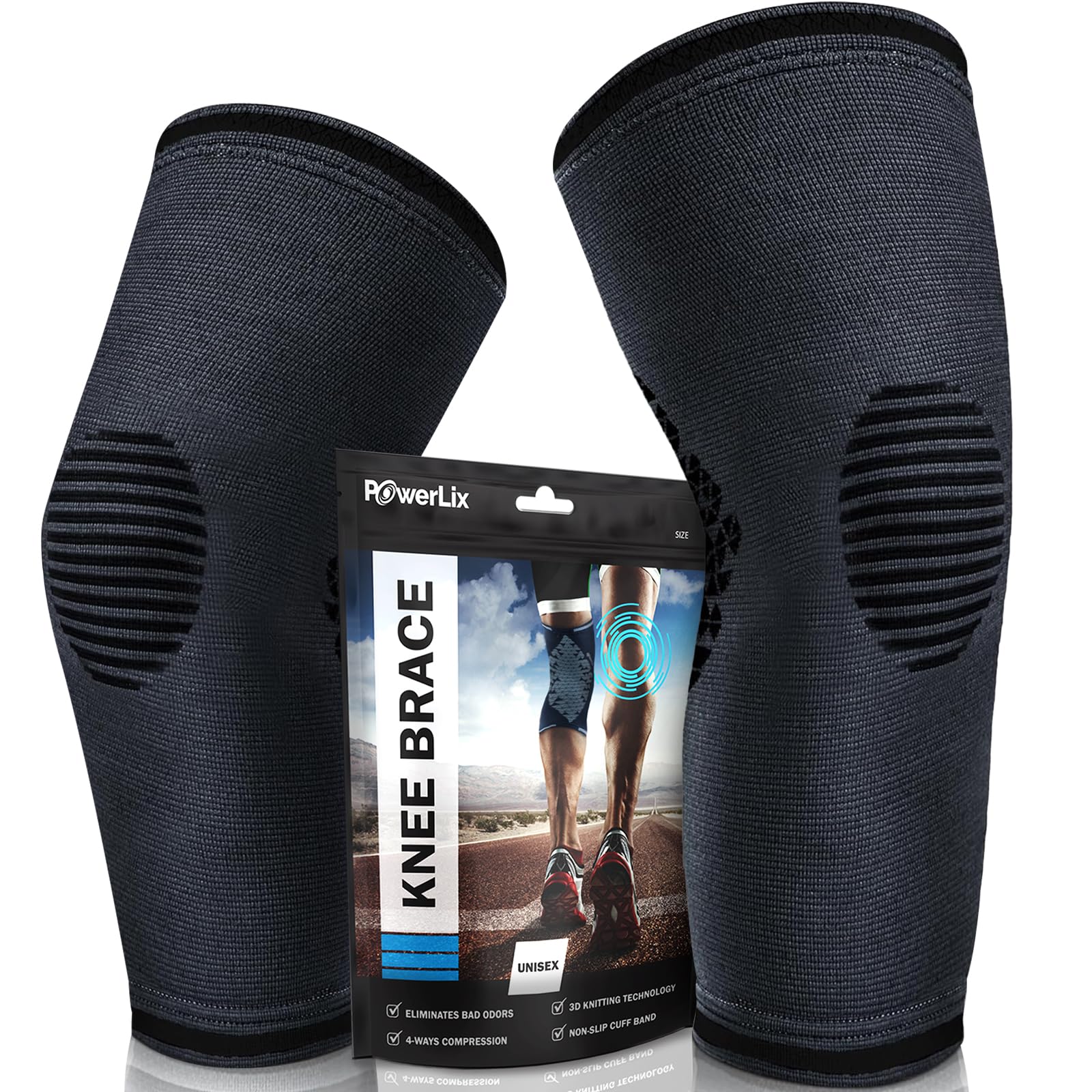 POWERLIX Knee Compression Sleeve (Pair) - Best Knee Brace for Knee Pain for Men & Women – Knee Support for Running, Basketball, Volleyball,