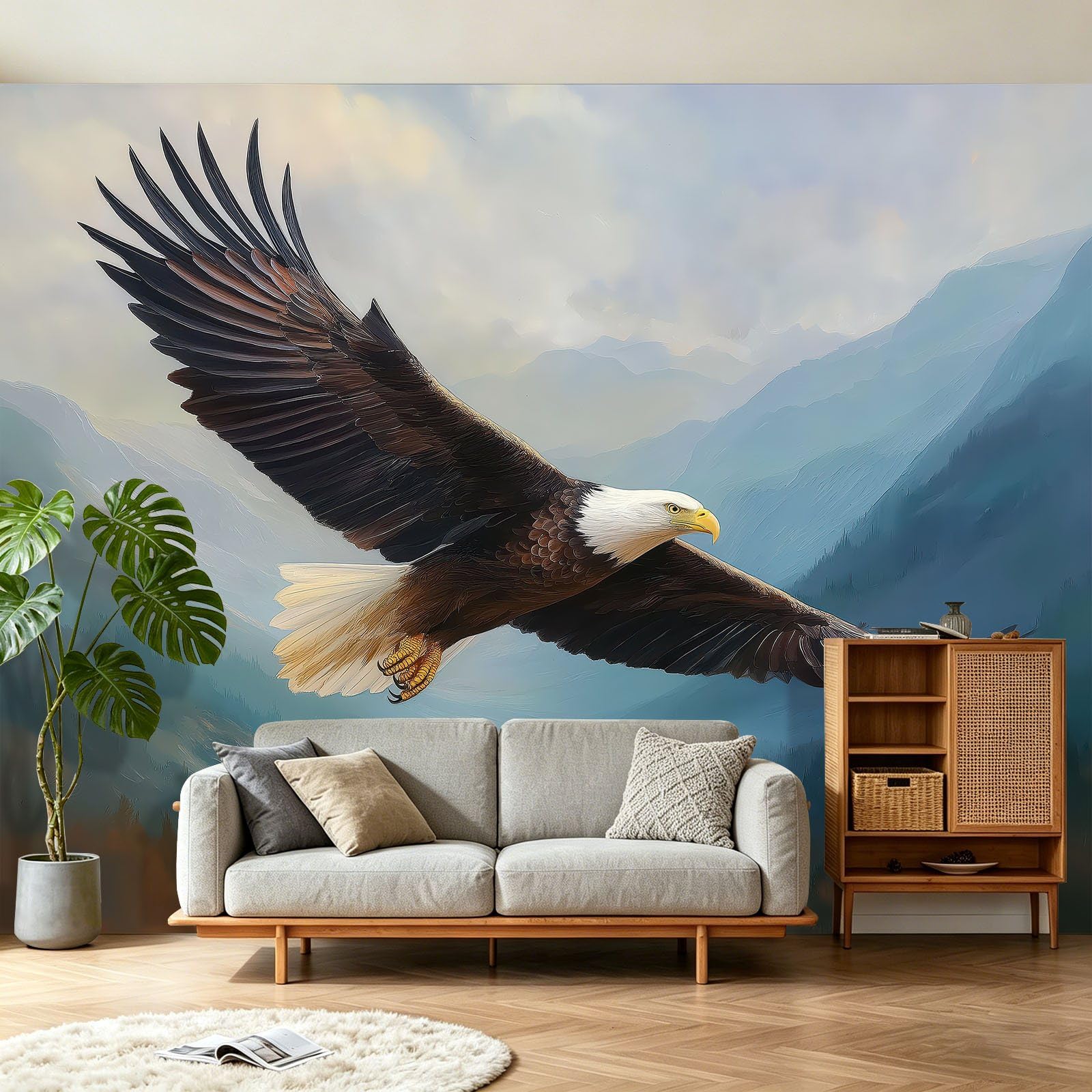 Papier Peint Panoramique Naturel Realiste, Papier Peint Aigle Tete Blanche Montagnes Jungle Ciel, Murale Intissée 400 x 280 cm Non Tissé Décoration XXL Murale Pour Salon, Chambre