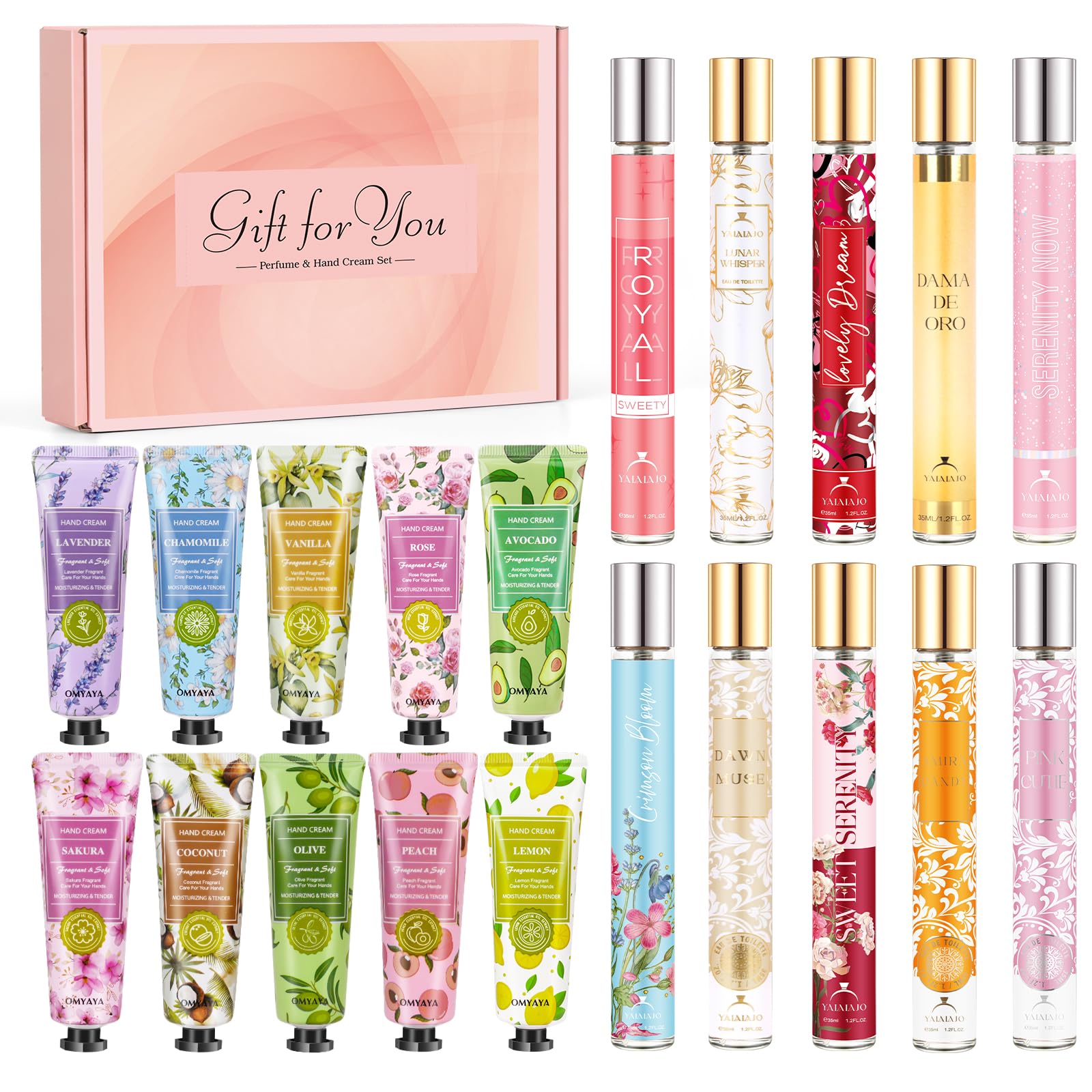 Coffret cadeau de parfum pour femme : 10x35ml mini parfums + 10 mini crèmes pour les mains, Eau de parfum pour femme aux notes florales et fruitées. Idéal comme cadeau pour un la Saint Valentin, Noël