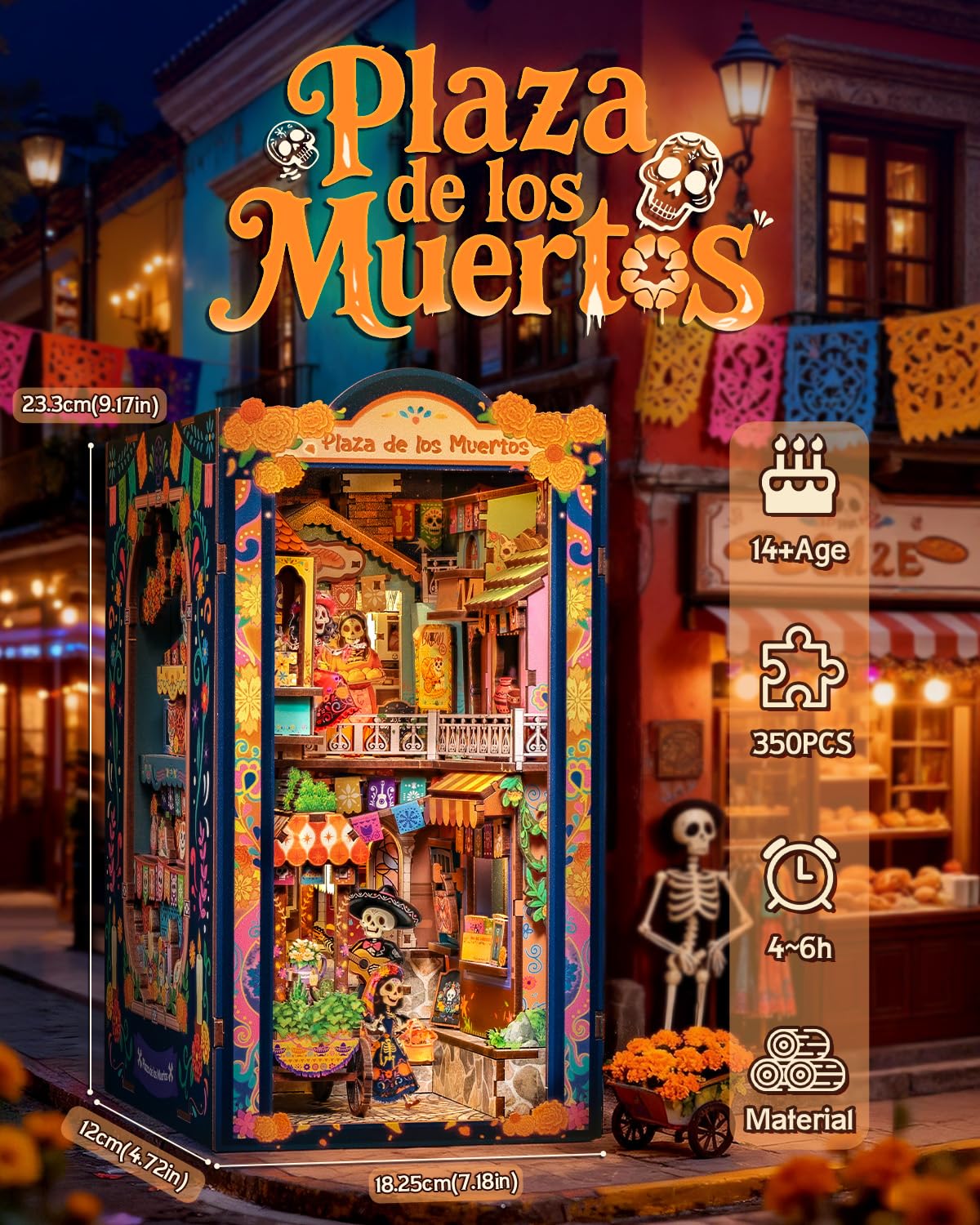 CUTEBEE Book Nook Kit - Miniaturowe domki lalkowe DIY meksykańska fiesta, Żywy model uliczki z LED, Prezent dla rodziny i przyjaciół (Plaza de los Muertos)
