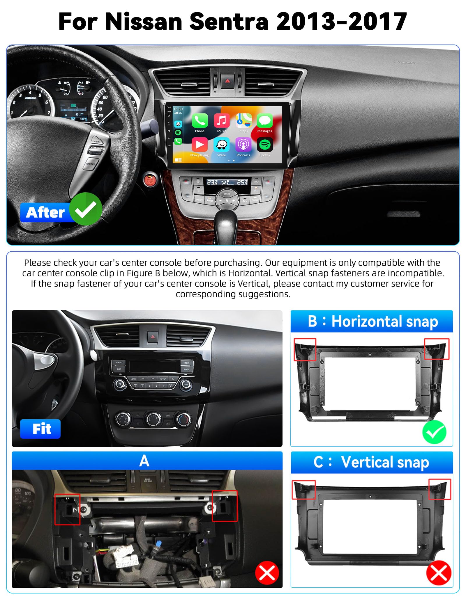 2G 64G For Nissan Sentra 2013-2017 Android 13 Car Stereo Radio Wireless Apple CarPlay Android Auto GPS Navigation 10.1\" HD Touchscreen Bluetooth Mirror Link FM/RDS WiFi SWC Backup Camera Mic