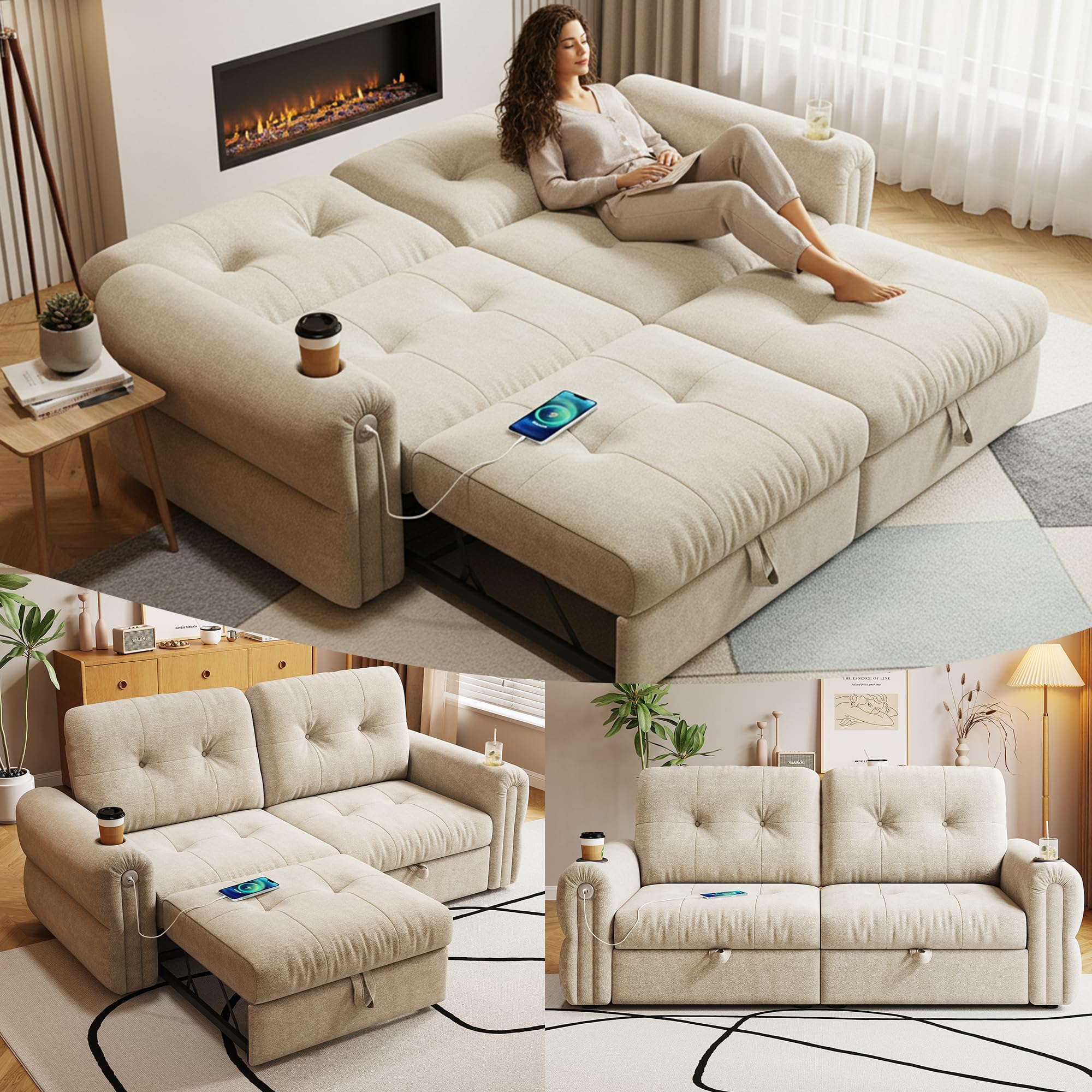 77" Queen Size Sofa Bed, Loveseat Sleeper Sofa with Pull Out Bed and USB, 2 Seater Convertible Small Couch for Living Room Bedroom Apartment (Beige, Chenille)