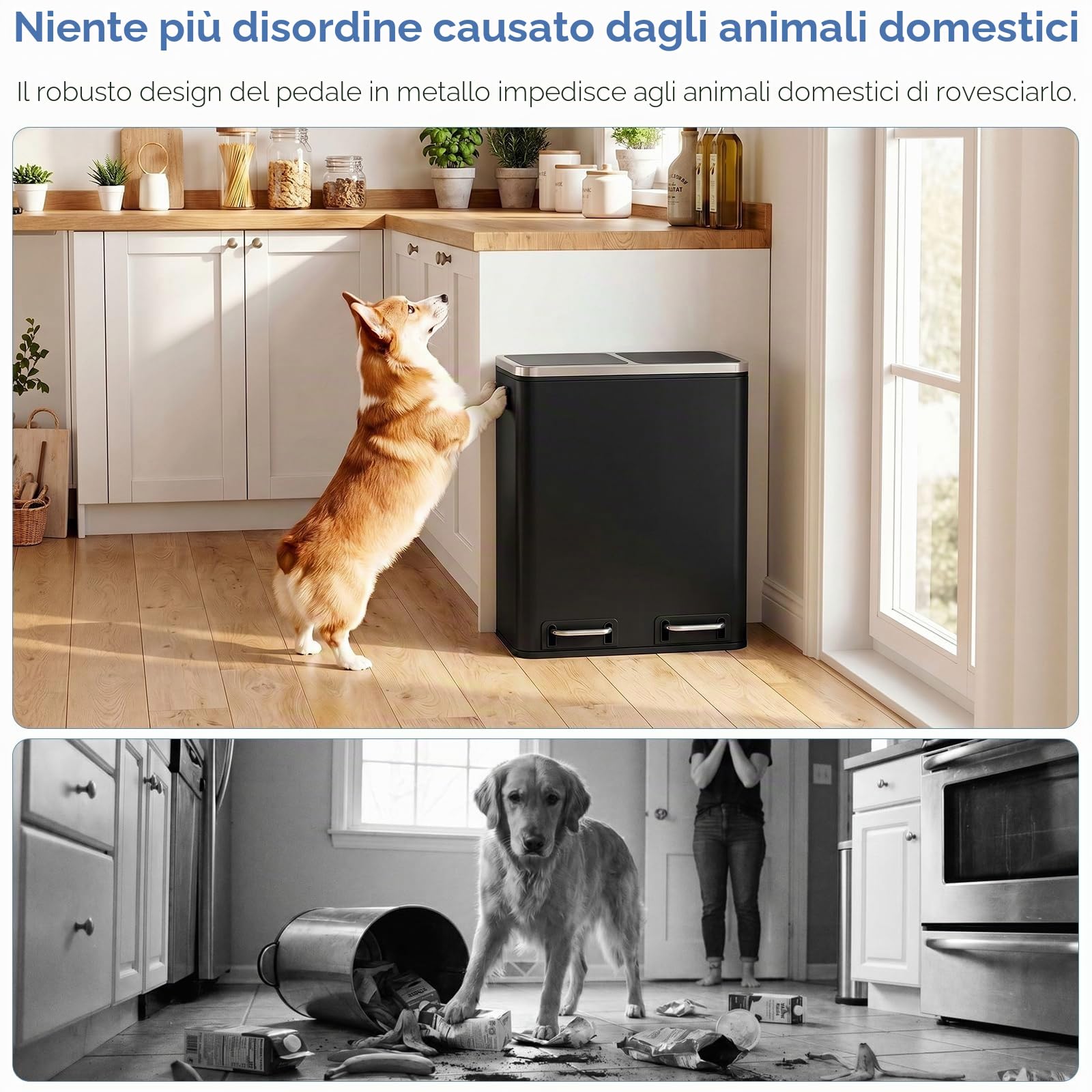 Clevich Pattumiera da cucina 30 l, sistema di raccolta differenziata a 2 scomparti, 2 x 15 litri, sacchetto per la spazzatura dell'ufficio, pattumiera a pedale, rifiuti riciclabili, rifiuti biologici
