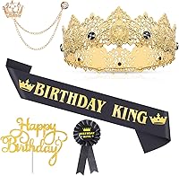 Vista 8 de Junkin 5 accesorios de cumpleaños para hombre, incluyen corona de rey con banda de hojalata, broche de cadena colgante para fiesta de cumpleaños