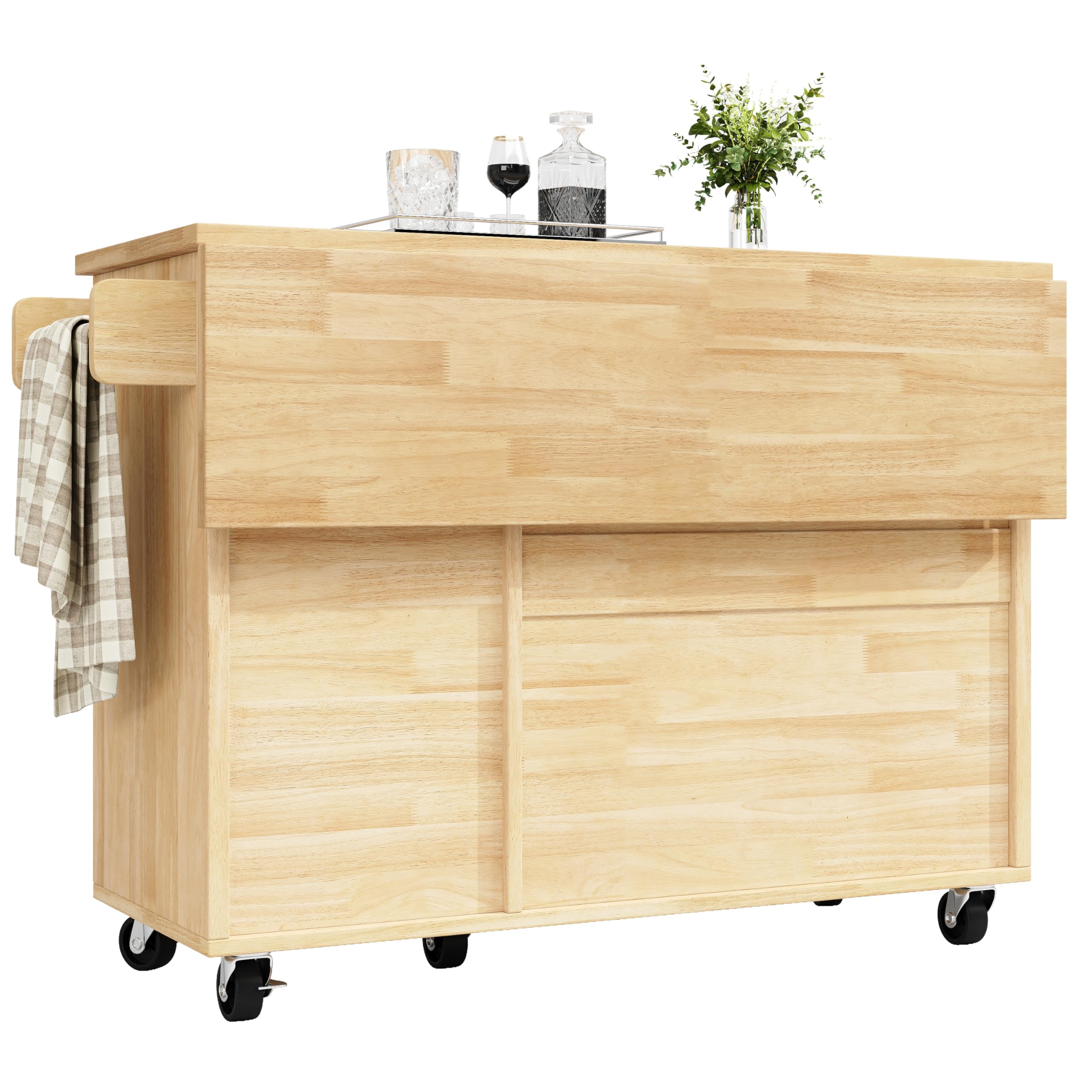 Kücheninsel auf Rollen 120x45x92 cm mit Klapptisch, 3 Schubladen, 2 Türen, verstellbaren Einlegeböden, Handtuchhalter, Buffetschrank & Servierwagen im Holzmaserung-Schachbrett Design
