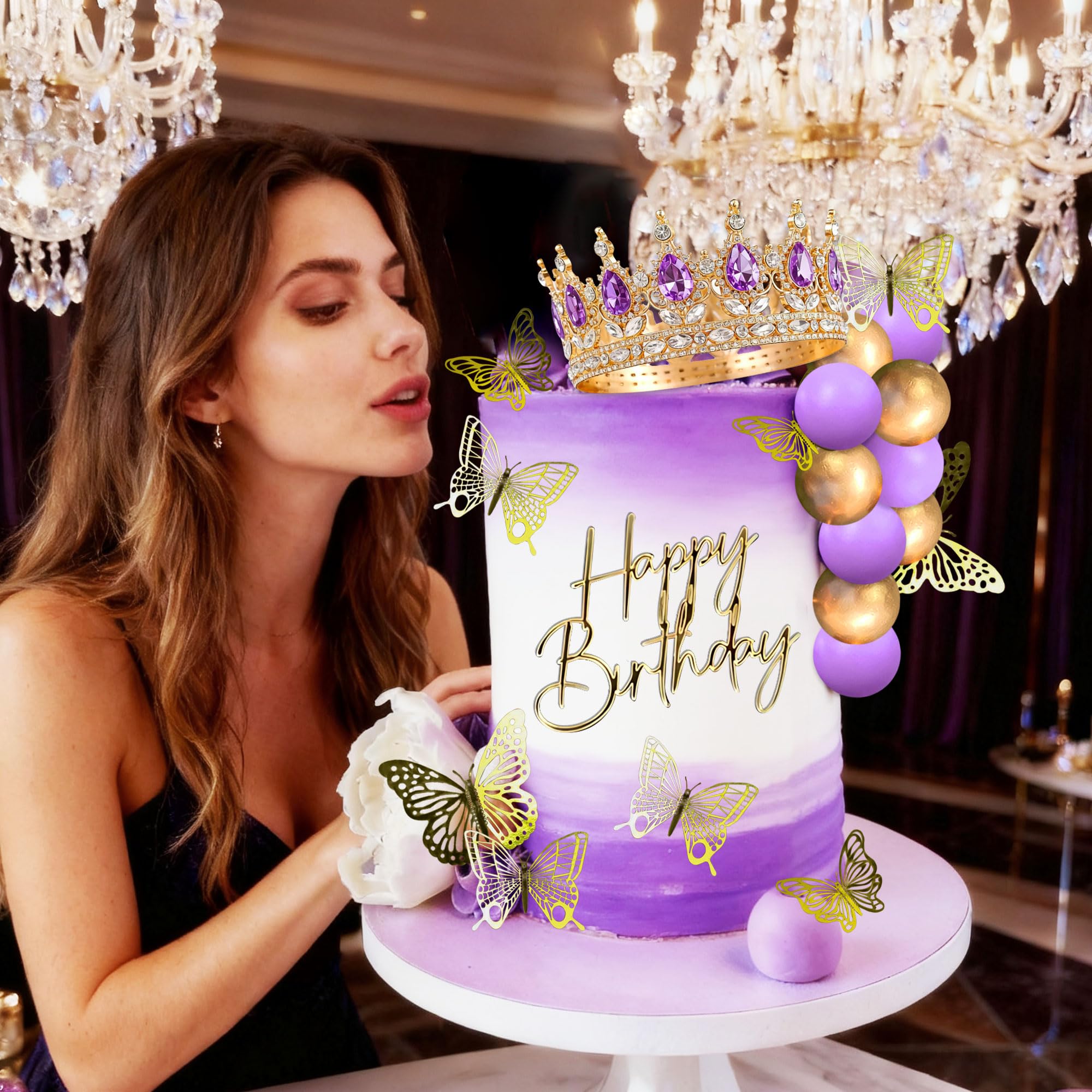 Purple Crown Cake Topper Gold Balls Cake Decor Crown Birthday Gold Butterfly Sign for Birthday Baby Shower - Image 4