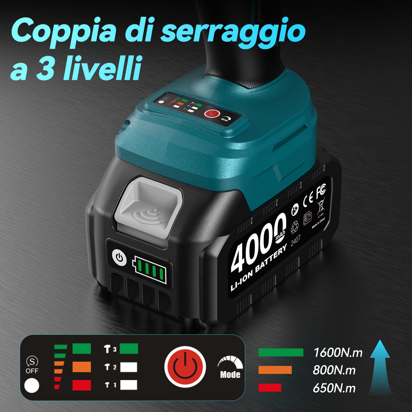 Avvitatore a impulsi a batteria 1600 Nm 1/2", 2 batterie 4000mAh con caricatore rapido, 21V Avvitatore Elettrico bussole 17-19-21-24 mm + prolunga 5", ideale per auto, camion, garage, officina
