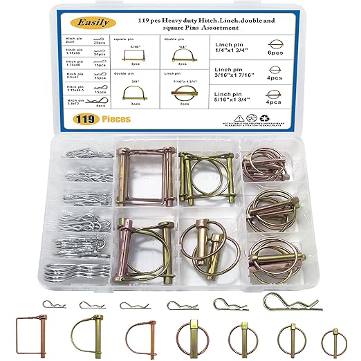 Hitch Pin Clip Pins 119Pcs - Linch and PTO Pins for Trailers Tractors Trucks Towing Mowing, Farm Equipment, Snow Plows, Lawnmowers Garage, Heavy Duty Trailers Accessories Tractor Attachments